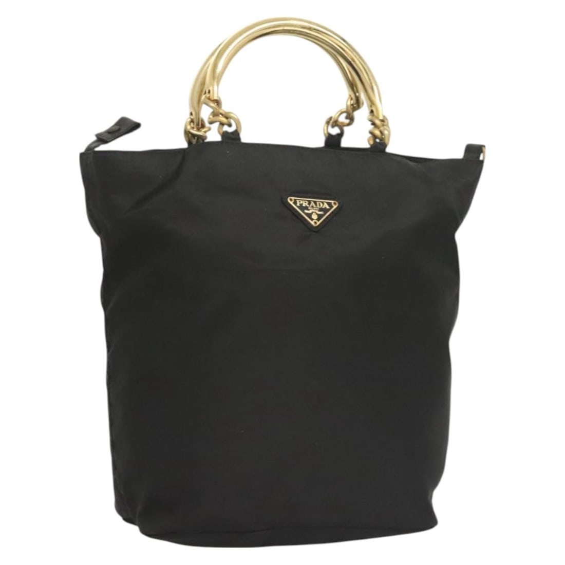 Black Tote Bag with Metal Handles by Prada: Black Tote Bag with Metal Handles by Prada This Prada tote handbag features metal handles and a black exterior. The bag is designed for female use and shows signs of wear, including some out of shape