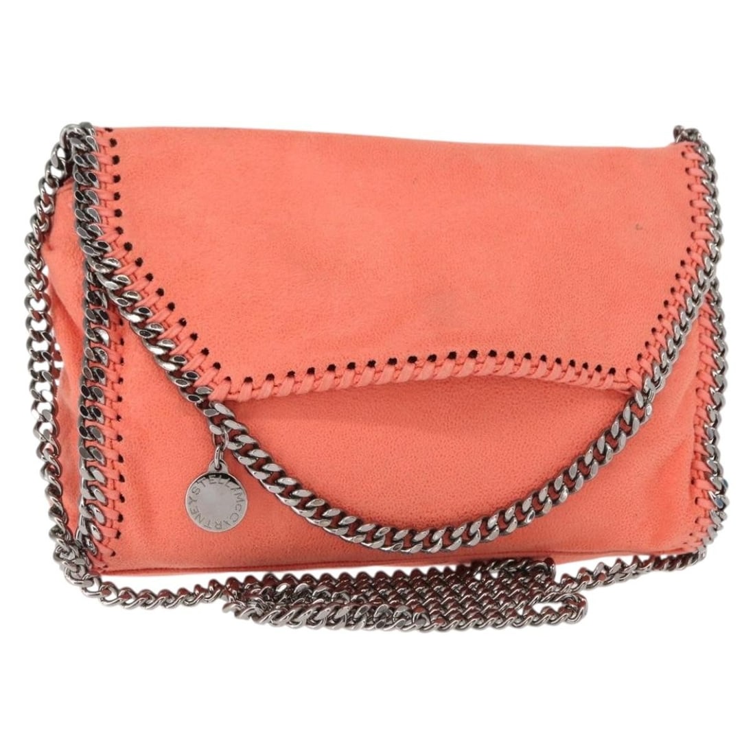 Falabella Fold Over Orange Crossbody by Stella McCartney: Falabella Fold Over Orange Crossbody by Stella McCartney This pre-owned Stella McCartney Falabella Fold Over Flap Crossbody Bag in orange features a chain detail and exhibits signs of previous use, in