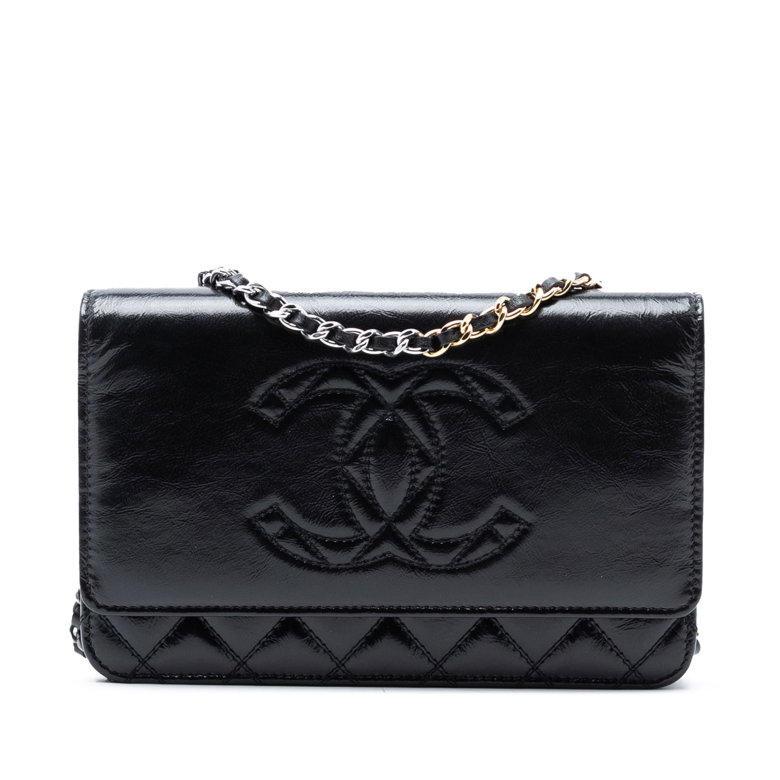 Black Chanel Wallet On Chain Quilted Shiny Aged Calfskin Leather: Black Chanel Wallet On Chain Quilted Shiny Aged Calfskin Leather This Chanel wallet on chain features a quilted shiny aged leather body in black with a leather-woven chain strap and a front flap secur