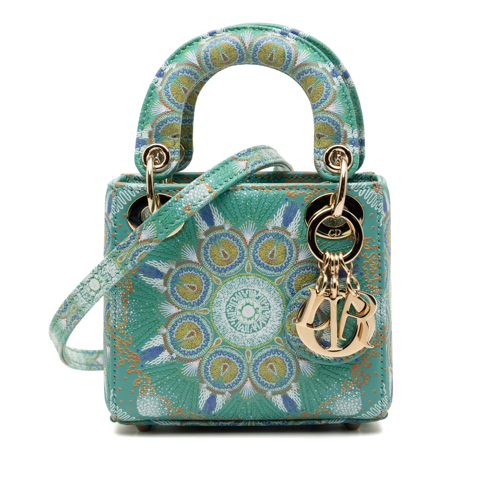 Dior Lady Dior Micro In Lights Green Calfskin Handbag with Strap: Dior Lady Dior Micro In Lights Green Calfskin Handbag with Strap This Lady Dior Micro Calfskin In Lights bag features a printed leather body with flat leather handles, a detachable flat strap, and a t
