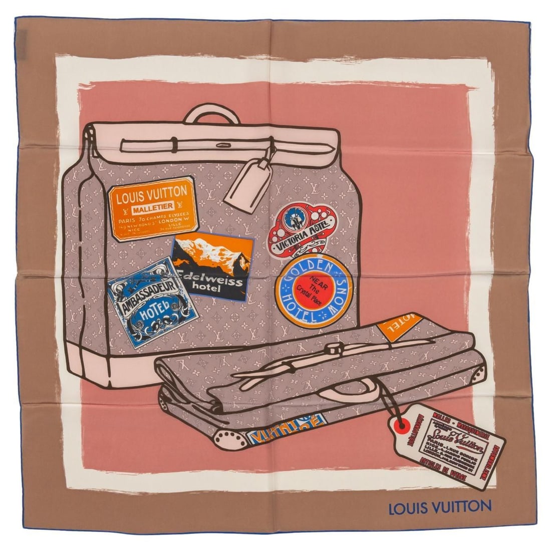 Louis Vuitton LV Trunks Silk Scarf Rose Frame 27x27: Louis Vuitton LV Trunks Silk Scarf Rose Frame 27x27 Elevate your accessory collection with this exquisite Louis Vuitton LV Trunks Silk Scarf. Featuring a striking rose background framed in light brown