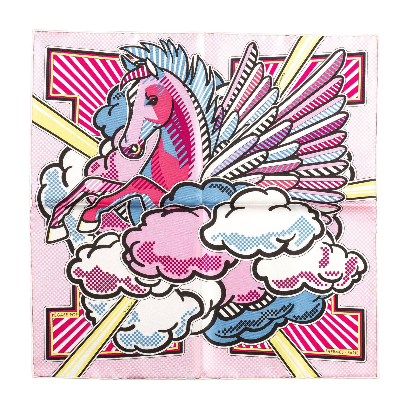 Hermes Limited Edition Pegase Pop Silk Gavroche Scarf New in Box: Hermes Limited Edition Pegase Pop Silk Gavroche Scarf New in Box This exquisite Hermes Limited Edition Pegase Pop Silk Gavroche Scarf showcases a unique design by Dimitri Rybalchenko. Crafted from lux