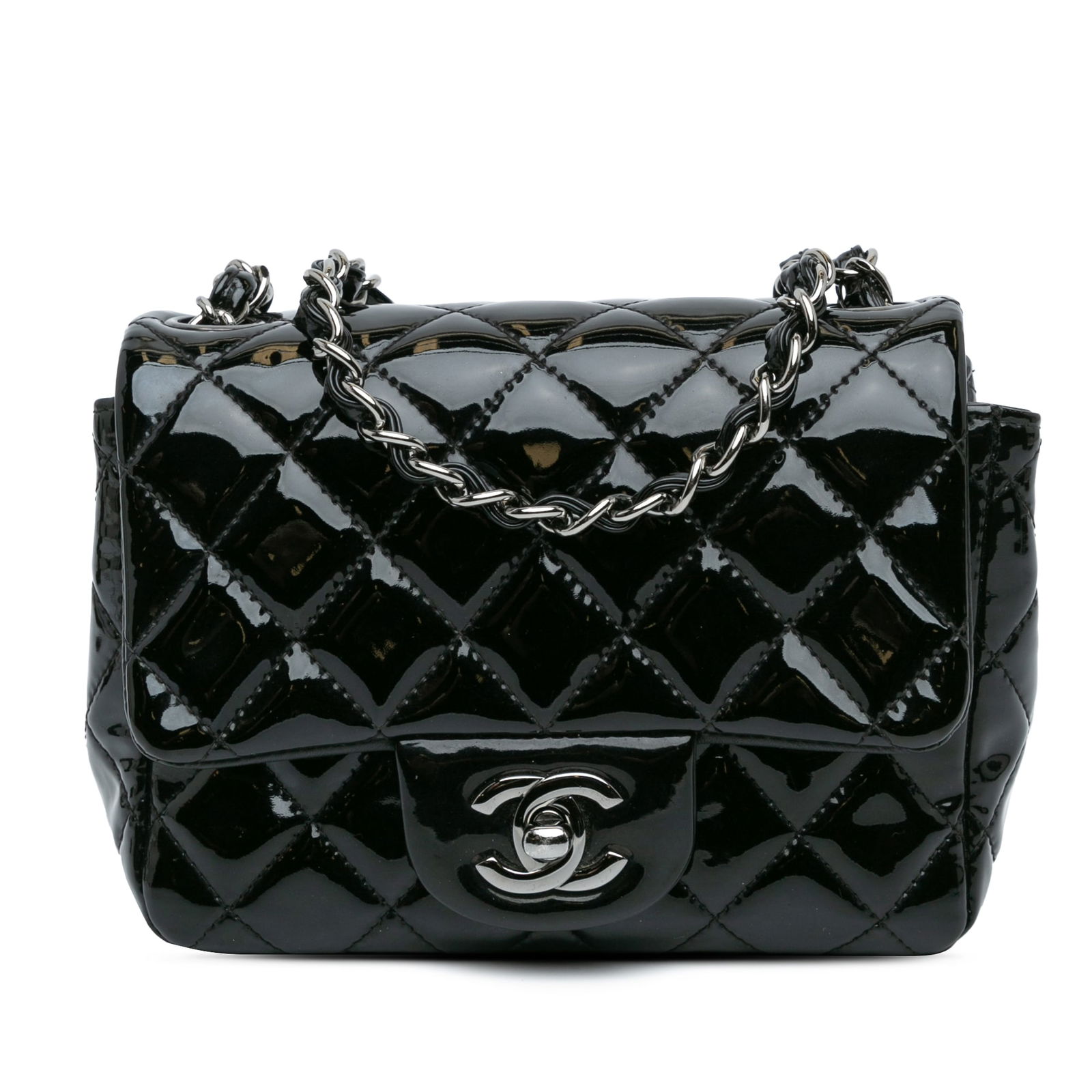 Chanel Mini Square Classic Patent Flap Bag Black Leather: Chanel Mini Square Classic Patent Flap Bag Black Leather Introducing the Chanel Mini Square Classic Patent Single Flap bag, a timeless accessory crafted from luxurious quilted patent leather. This ele