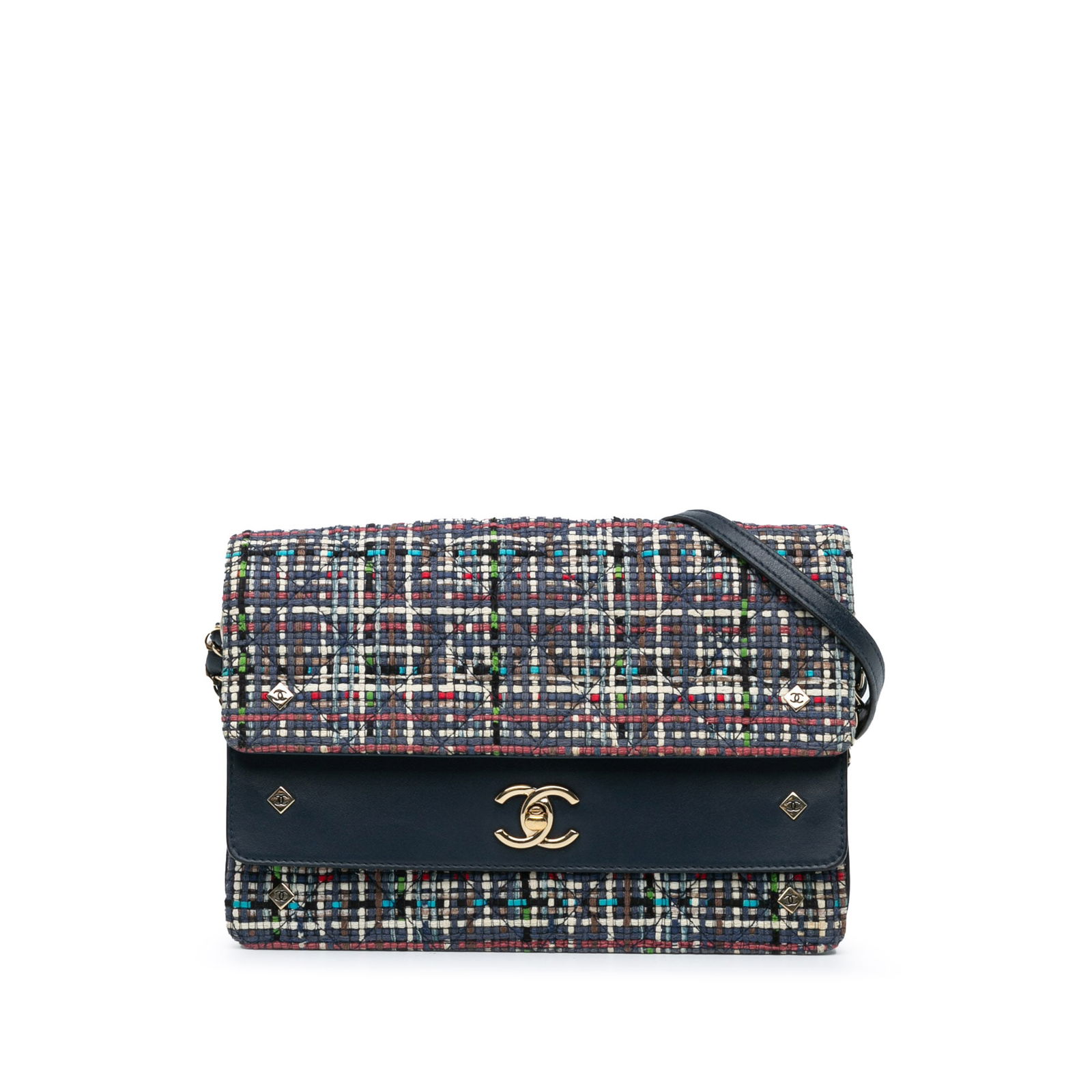 Chanel Medium CC Quilted Blue Tweed Double Flap Crossbody Bag: Chanel Medium CC Quilted Blue Tweed Double Flap Crossbody Bag Introducing the Chanel CC Multicolor Tweed Double Flap crossbody bag, a sophisticated blend of style and functionality. This exquisite bag