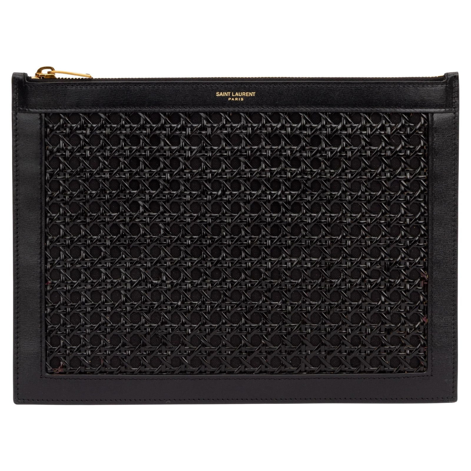 Yves Saint Laurent Black Wicker Clutch Italy with Gold Logo: Yves Saint Laurent Black Wicker Clutch Italy with Gold Logo Elevate your style with this exquisite Yves Saint Laurent Wicker Clutch, a perfect blend of sophistication and modern design. Crafted in Ita