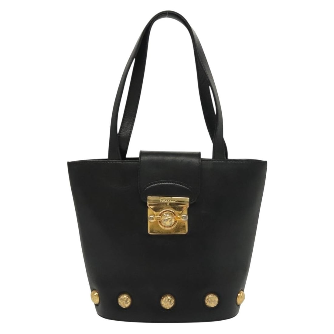 Vintage Black Handbag by Salvatore Ferragamo: Vintage Black Handbag by Salvatore Ferragamo This vintage Salvatore Ferragamo handbag features a black exterior with signs of use, including rubbing, slight scratches, and some loss of shape. The hand