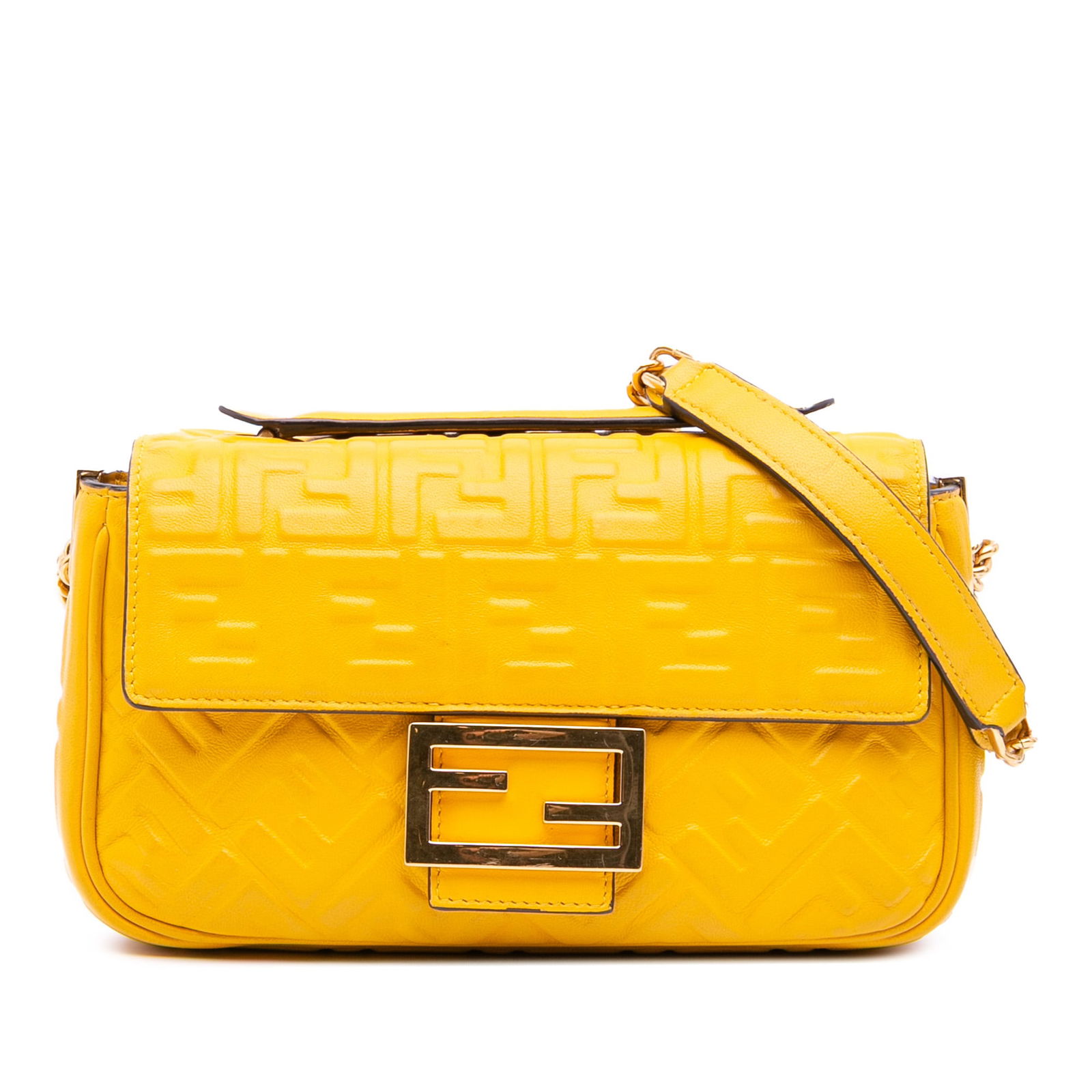 Fendi Zucca Yellow Leather Chain Midi Baguette Bag Italy: Fendi Zucca Yellow Leather Chain Midi Baguette Bag Italy Elevate your accessory collection with this Fendi Zucca Embossed Leather Chain Midi Baguette. This stylish shoulder bag is crafted from embosse