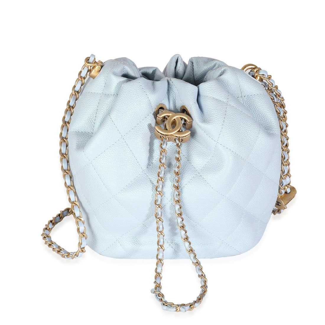 Chanel My Perfect CC Light Blue Drawstring Bucket Bag 2021-2023: Chanel My Perfect CC Light Blue Drawstring Bucket Bag 2021-2023 Introducing the Chanel Light Blue Iridescent Quilted Caviar My Perfect CC Drawstring Handbag, an exquisite blend of style and functional