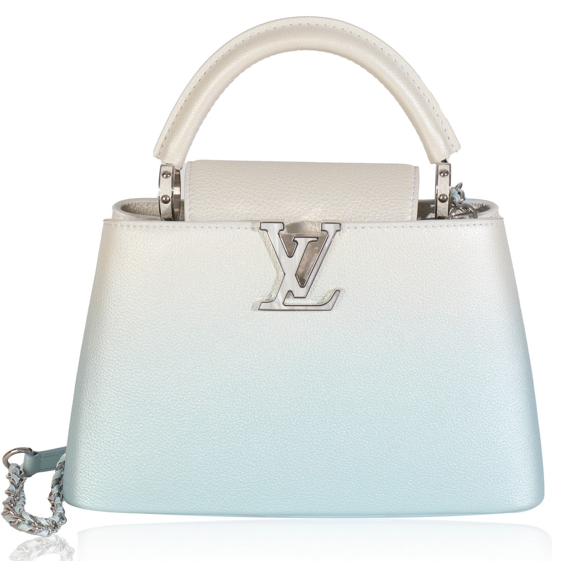 Blue Ombre Taurillon Leather Capucines BB Shoulder Bag with Removable Strap: Blue Ombre Taurillon Leather Capucines BB Shoulder Bag with Removable Strap This Louis Vuitton Capucines BB handbag features a striking blue metallic ombre effect crafted from premium Taurillon leathe