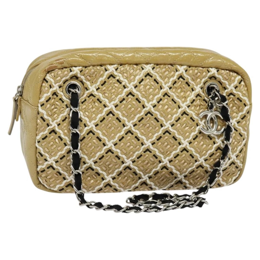 Beige Chanel Camera Case Shoulder Bag: Beige Chanel Camera Case Shoulder Bag This Chanel Camera Case Bag in beige features a classic design with a structured silhouette. The bag shows signs of light wear, including slight rubbing on the ex