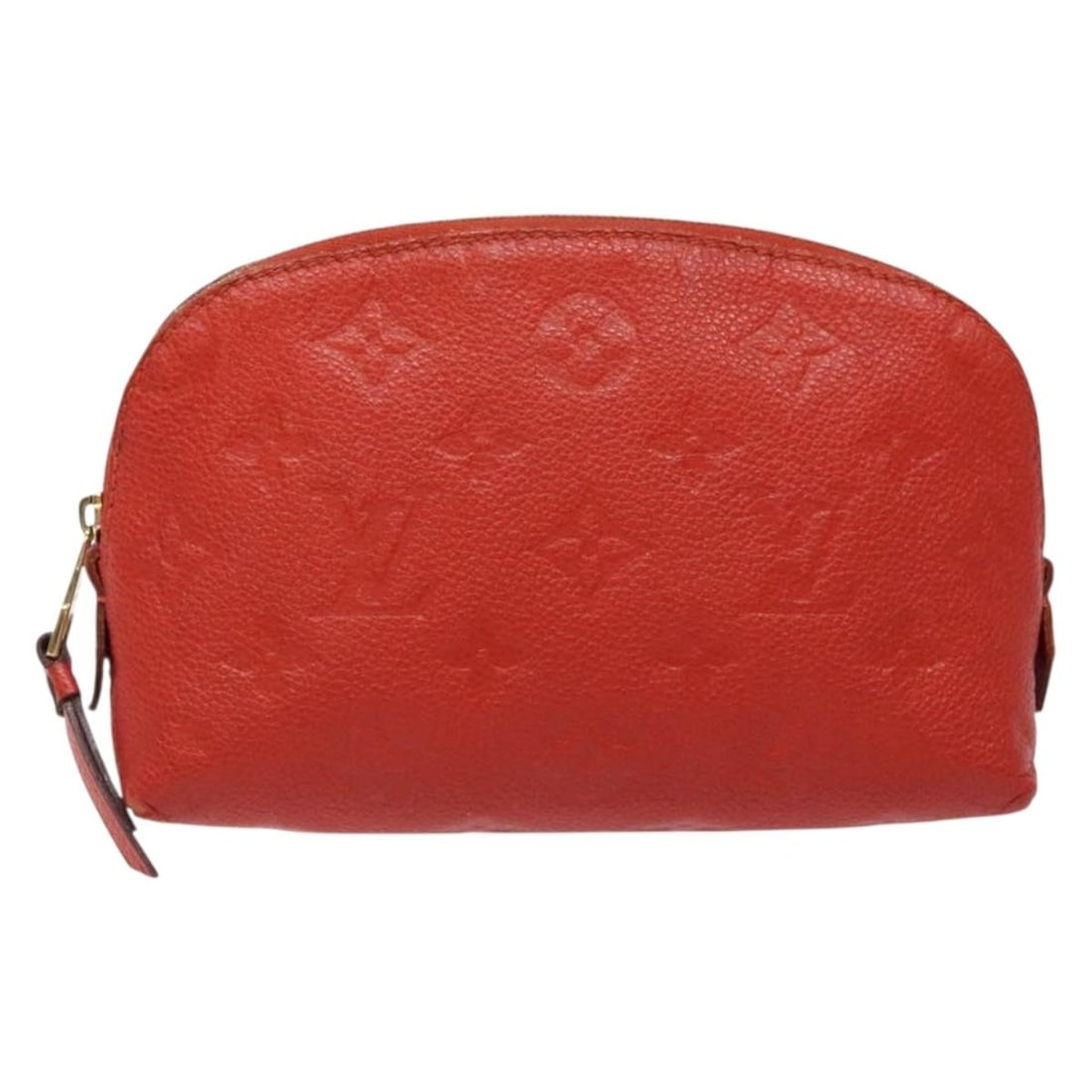 Red Cosmetic Bag by Louis Vuitton: Red Cosmetic Bag by Louis Vuitton This Louis Vuitton cosmetic pouch features a red exterior and is designed for female use. The bag shows some signs of wear, including rubbing and being out of shape o
