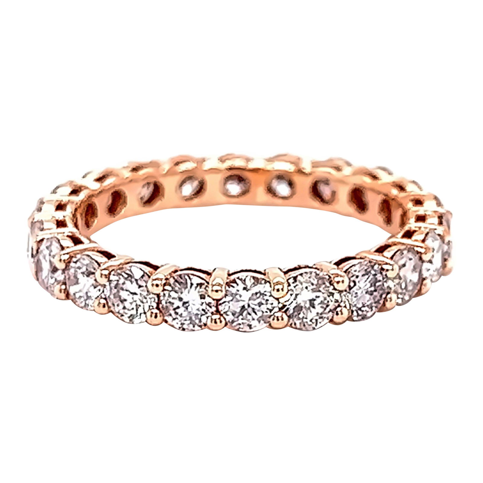 1.83ct Round Diamond Eternity Band in 14k Rose Gold: 1.83ct Round Diamond Eternity Band in 14k Rose Gold Discover the elegance of this stunning diamond eternity band featuring 22 round brilliant diamonds totaling 1.83 carats. Set in luxurious 14k rose g