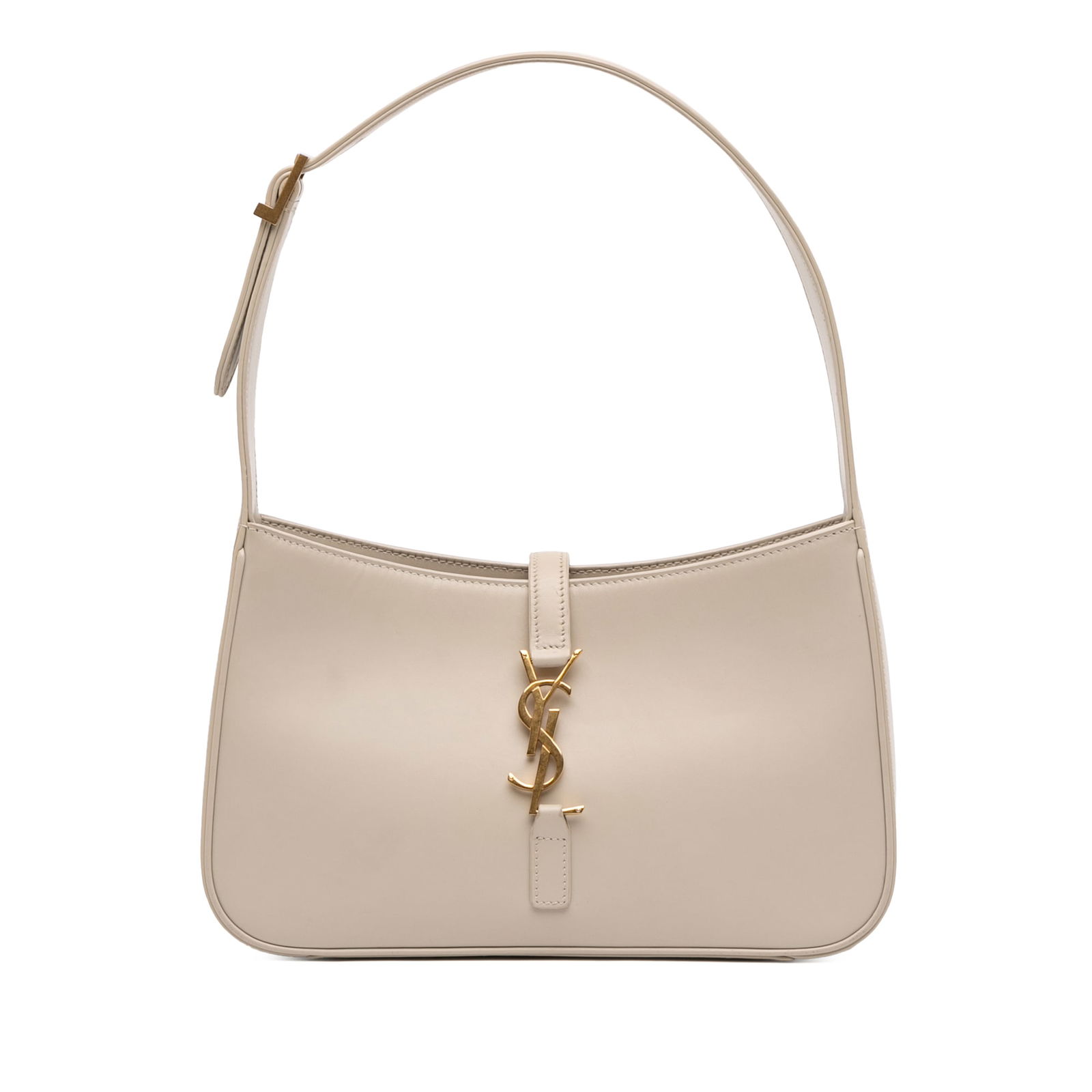 Le 5 a 7 White Leather Shoulder Bag by Saint Laurent: Le 5 a 7 White Leather Shoulder Bag by Saint Laurent Introducing the Saint Laurent Smooth Leather Le 5 a 7 Hobo, a stylish shoulder bag crafted from premium leather. This elegant bag features a flat l
