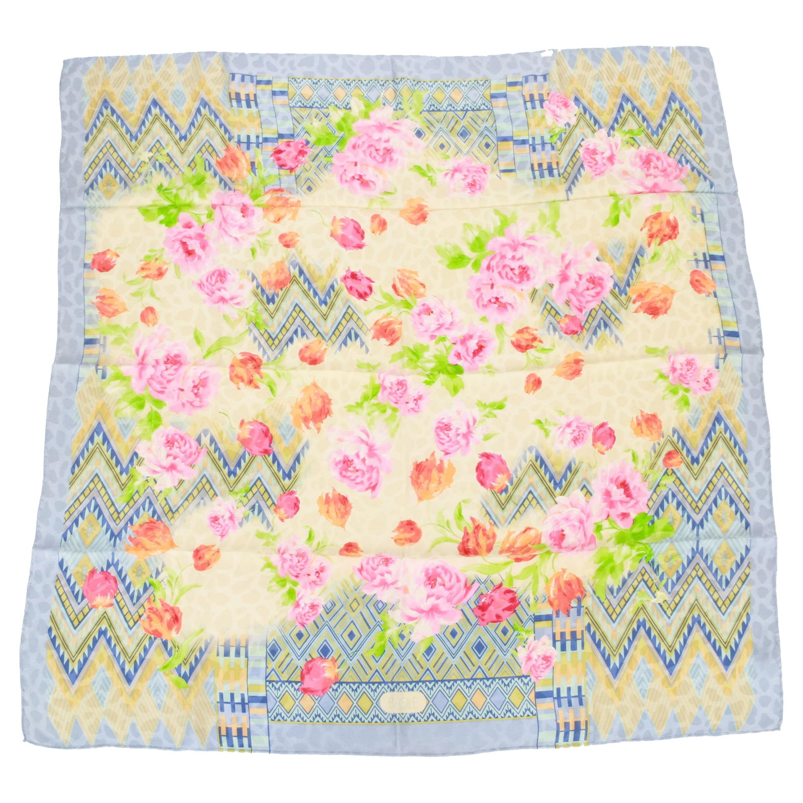 Basile Vintage 80s Silk Scarf Peonies Design Italy 35x35: Basile Vintage 80s Silk Scarf Peonies Design Italy 35x35 This exquisite vintage silk twill scarf features a vibrant peonies design in shades of blue, yellow, and pink, embodying the elegance of the 19