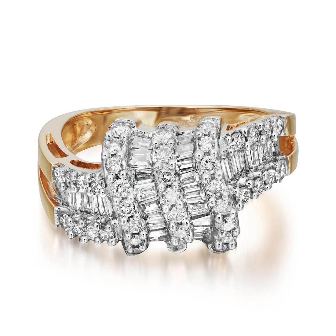 Rachel Koen 14K Yellow Gold Ladies Cocktail Ring 1.22CT Diamonds: Rachel Koen 14K Yellow Gold Ladies Cocktail Ring 1.22CT Diamonds This stunning Ladies' Cocktail Ring features a unique design with 0.61Cttw baguette diamonds complemented by 0.61 round diamonds, all s