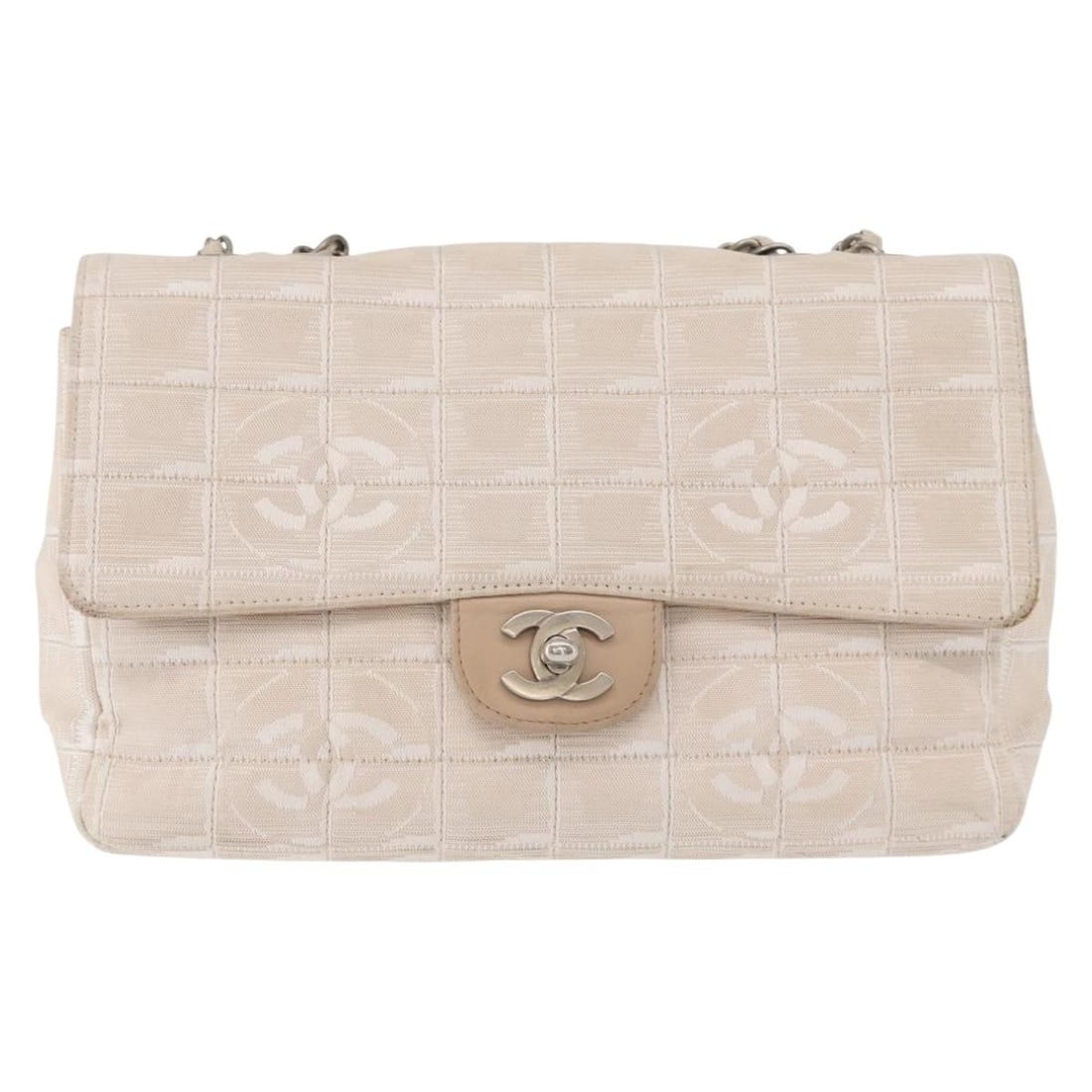 Beige Chanel Travel Line Flap Shoulder Bag: Beige Chanel Travel Line Flap Shoulder Bag This pre-owned Chanel Travel Line Flap Bag in beige features a Choco Bar design and is intended for female use. The shoulder bag shows signs of use, includin