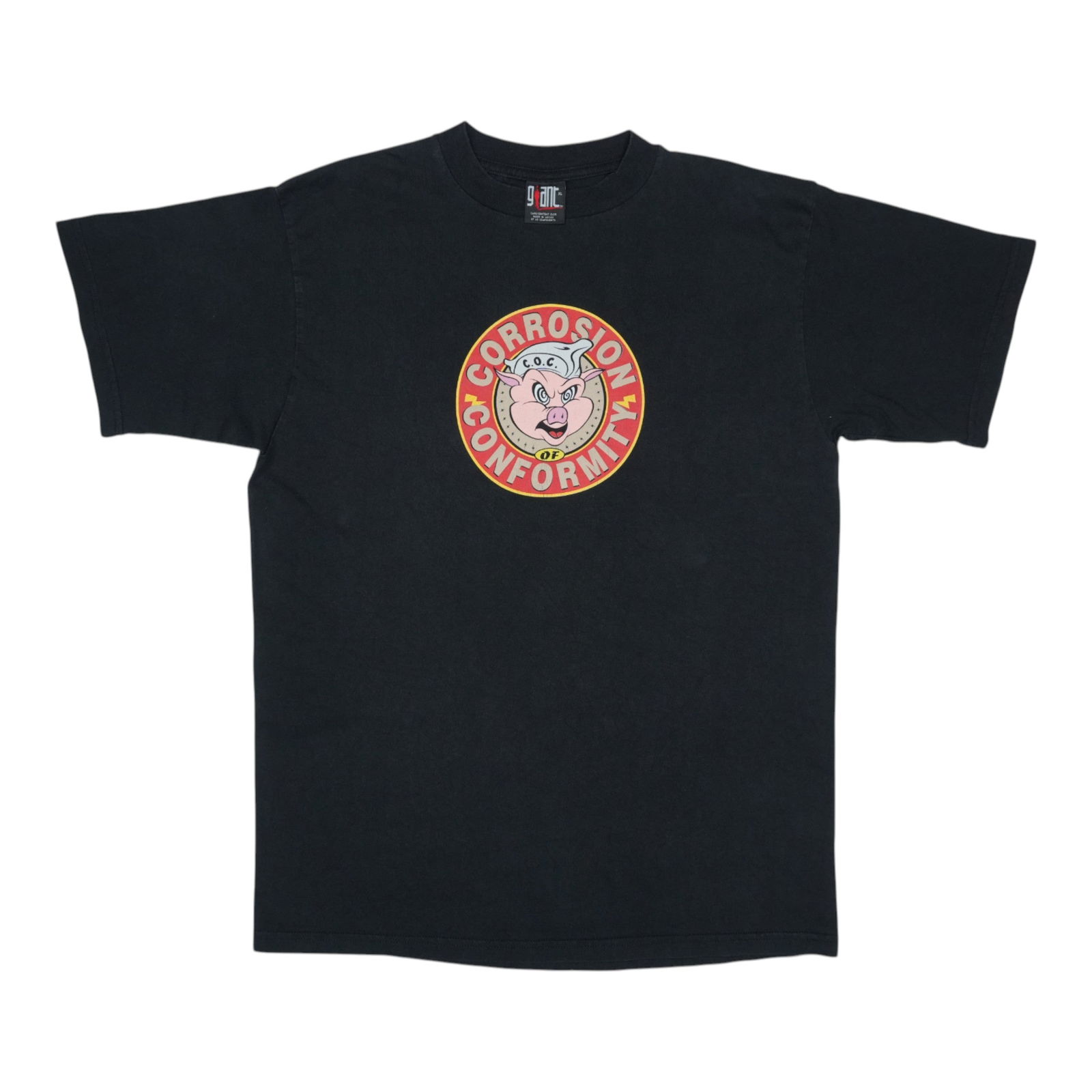 1990s Corrosion Of Conformity Black Cotton Huff And Puff Shirt: 1990s Corrosion Of Conformity Black Cotton Huff And Puff Shirt This original vintage 1990s Corrosion Of Conformity Huff And Puff Shirt is a true collectible, showcasing front and back graphics that re