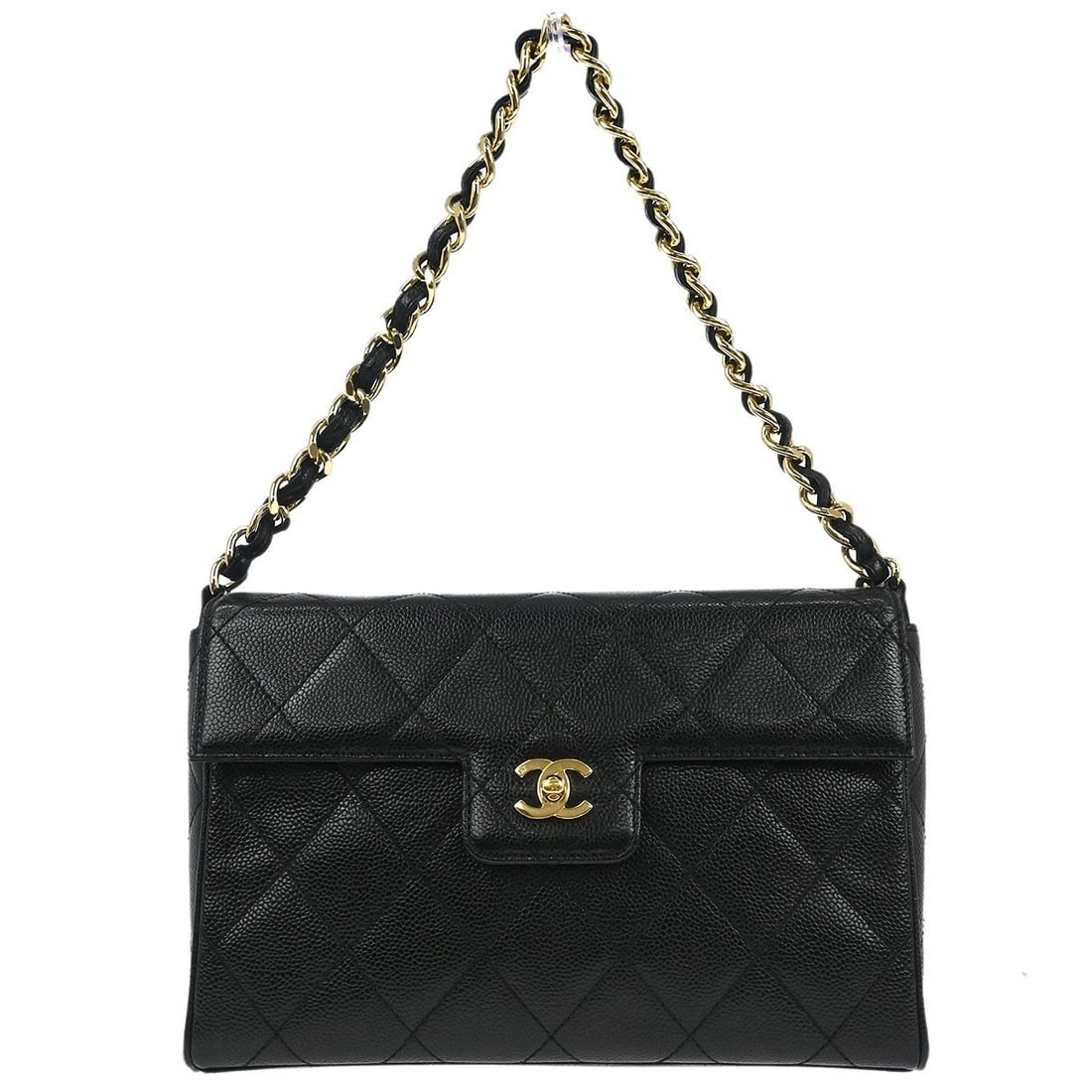 Medium Black Leather Top Handle Bag by Chanel Caviar: Medium Black Leather Top Handle Bag by Chanel Caviar This Chanel handbag is crafted from black calfskin leather and features a top handle design with the iconic Chanel logo accent. It is a medium-size