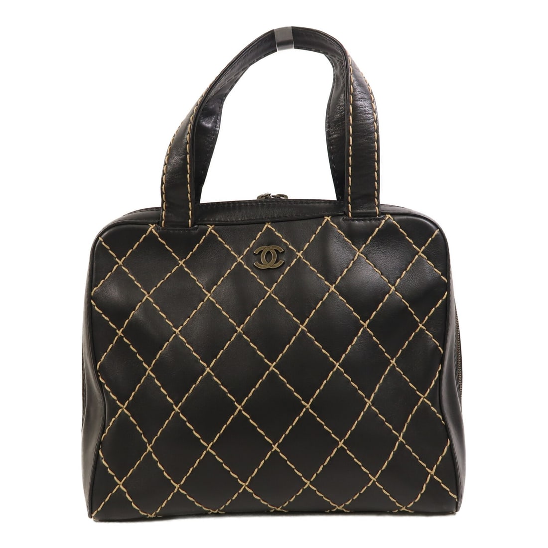 Black Calfskin CHANEL Wild Stitch CC Handbag Model A14693 Vintage: Black Calfskin CHANEL Wild Stitch CC Handbag Model A14693 Vintage This CHANEL CC Vintage Wild Stitch Hand Bag is crafted from black calfskin leather and features the iconic wild stitch design. Made in