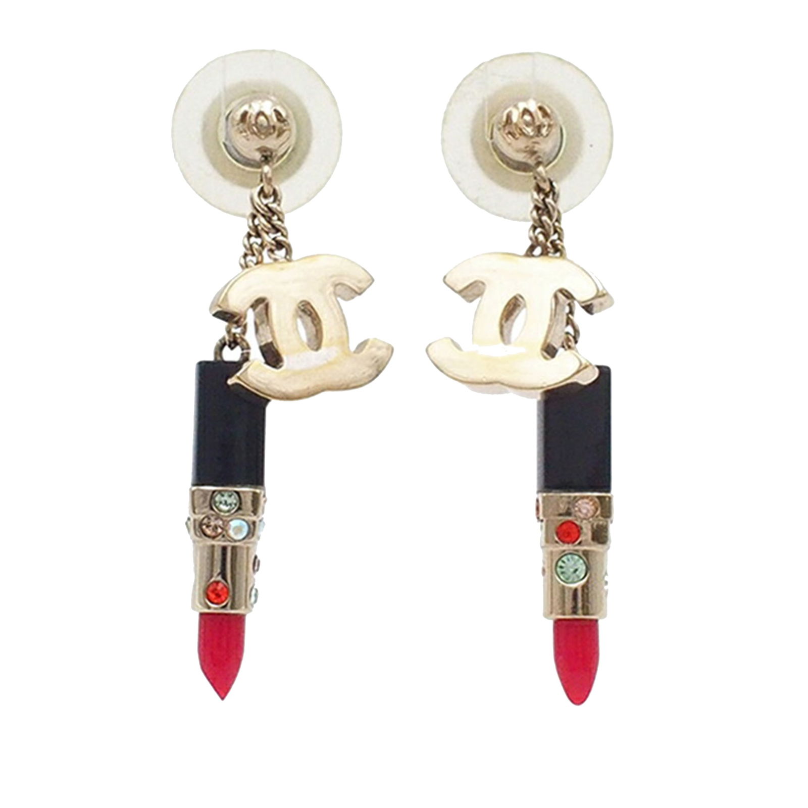 Chanel CC Lipstick Earrings Gold Plated Resin Rhinestone Drop Design: Chanel CC Lipstick Earrings Gold Plated Resin Rhinestone Drop Design These Chanel earrings feature a gold-plated metal body with resin lipstick charms accented by rhinestone embellishments. The earrin