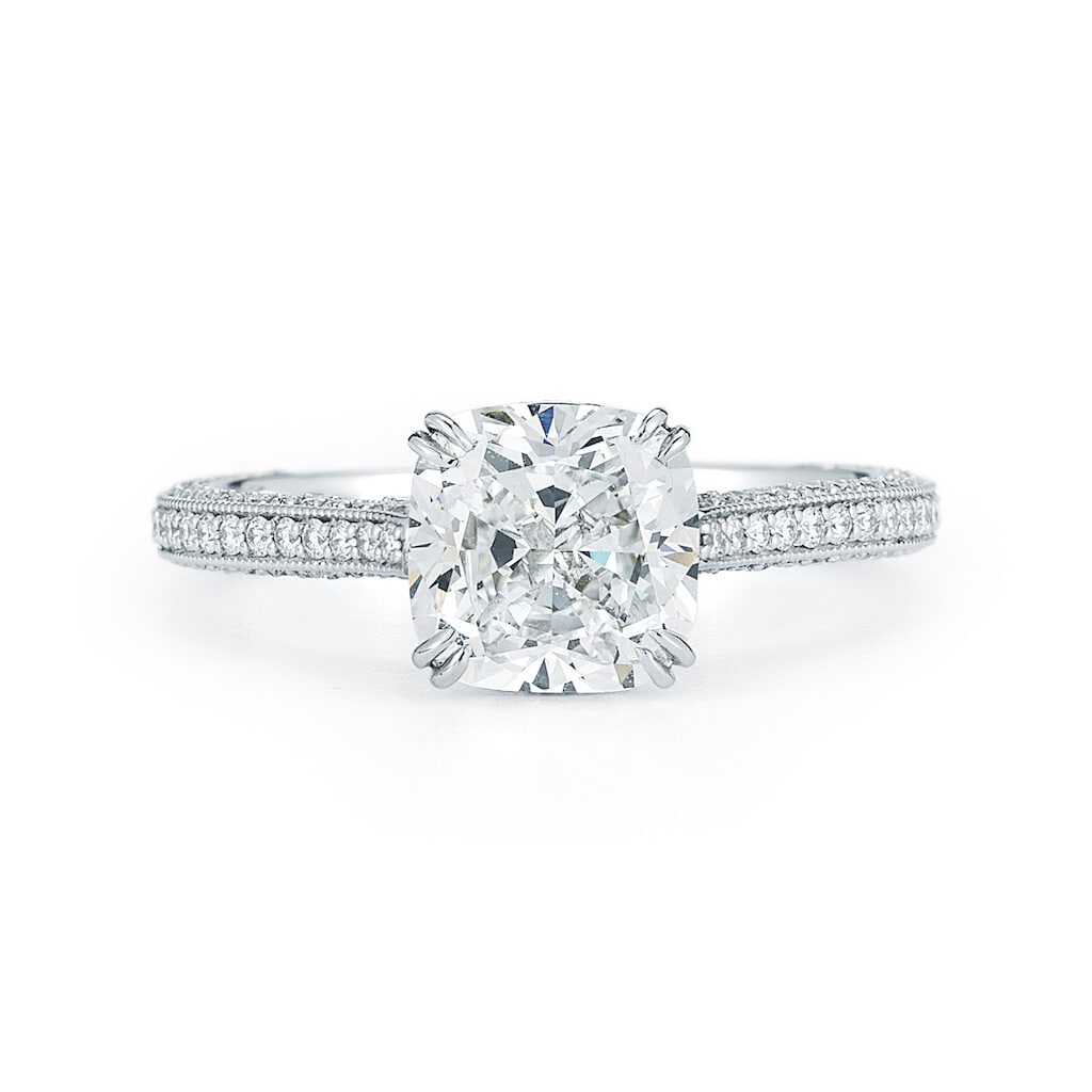 Rachel Koen Cushion Cut 2.80ct Diamond Engagement Ring in Platinum: Rachel Koen Cushion Cut 2.80ct Diamond Engagement Ring in Platinum This exquisite Cushion Cut Solitaire Triple Pave Diamond Engagement Ring features a stunning 2.80 carat diamond set in luxurious plat