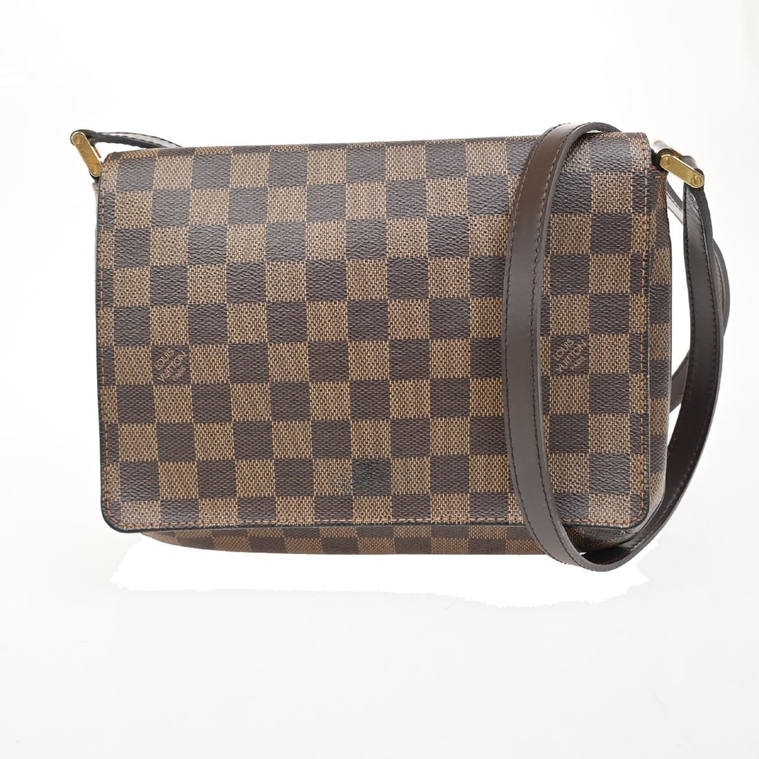 Musette Tango Shoulder Bag by Louis Vuitton in Brown: Musette Tango Shoulder Bag by Louis Vuitton in Brown This Louis Vuitton Musette Tango shoulder bag features a brown exterior with gold-plated accents. The bag shows signs of use, including scuffs, dir