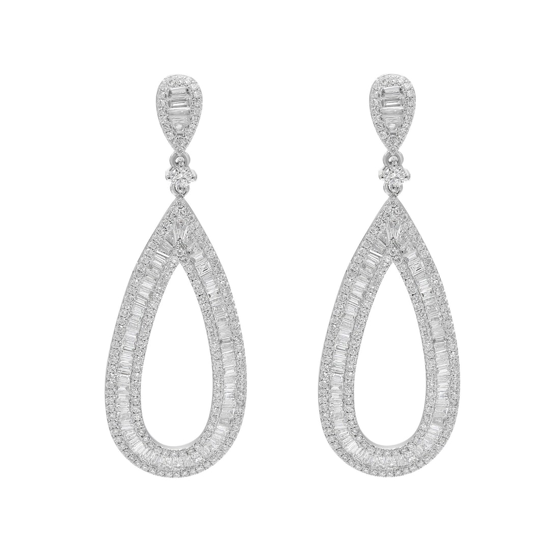 Rachel Koen 18K White Gold Diamond Drop Earrings 3.31Cttw Baguette Round Cut: Rachel Koen 18K White Gold Diamond Drop Earrings 3.31Cttw Baguette Round Cut Elevate your elegance with these stunning drop earrings crafted from 18K white gold. Featuring a sophisticated design, thes