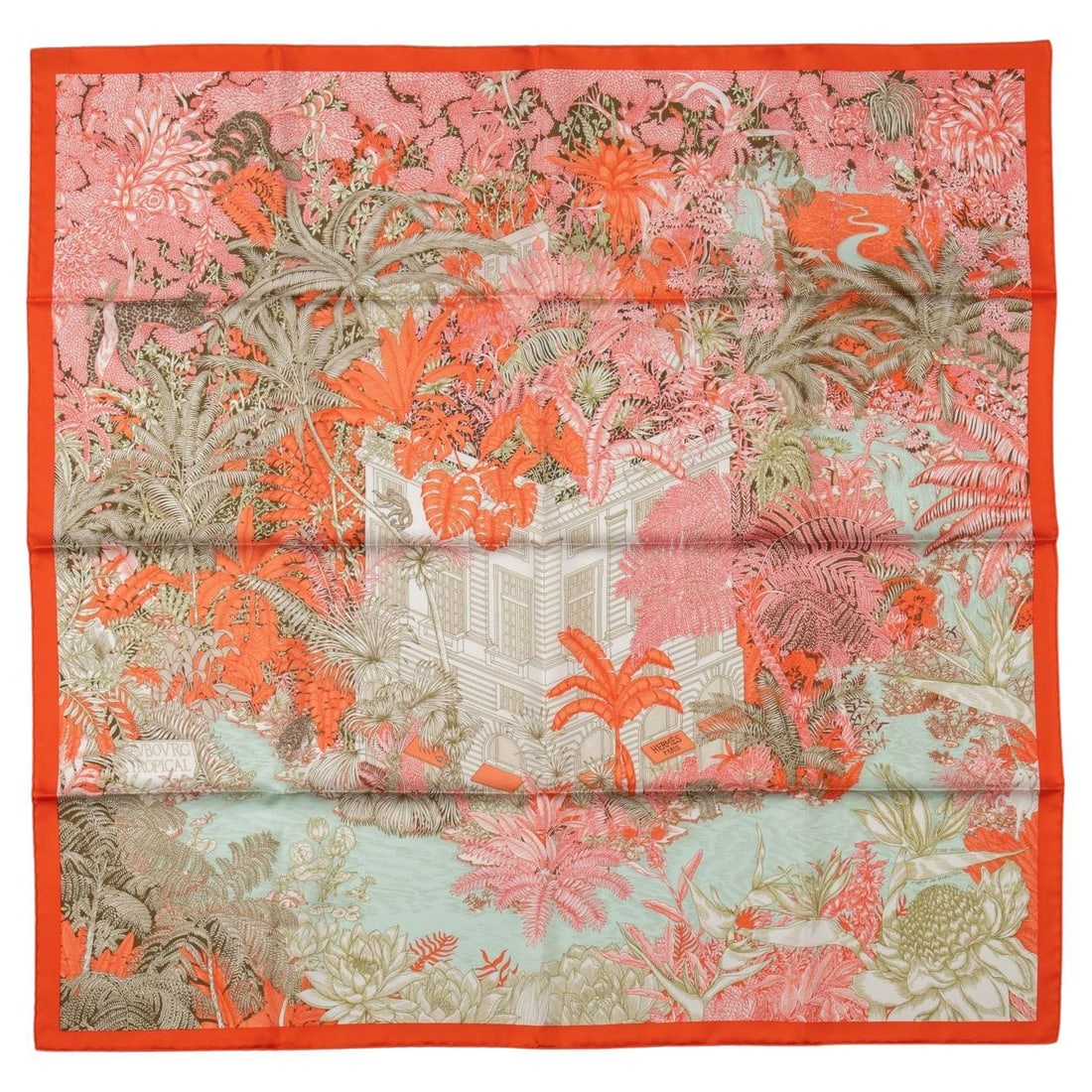 Hermes Tropical Garden Silk Scarf 35 in Hand-Rolled Edges France: Hermes Tropical Garden Silk Scarf 35 in Hand-Rolled Edges France Experience the elegance of the Hermes Tropical Garden Silk Scarf, a luxurious accessory that beautifully showcases vibrant floral desig