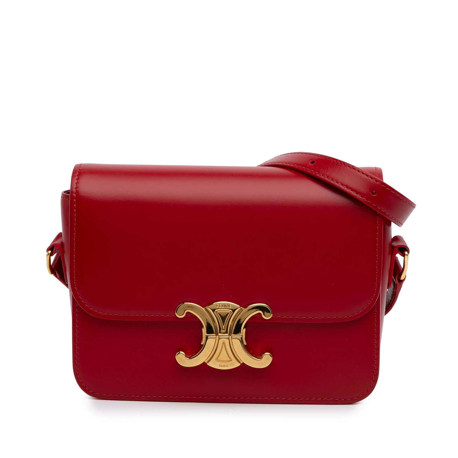 Celine Teen Triomphe Crossbody Bag Red Leather Italy: Celine Teen Triomphe Crossbody Bag Red Leather Italy The Celine Teen Shiny Calfskin Triomphe Crossbody bag is a stylish and functional accessory. This bag features a luxurious leather body with a vibr