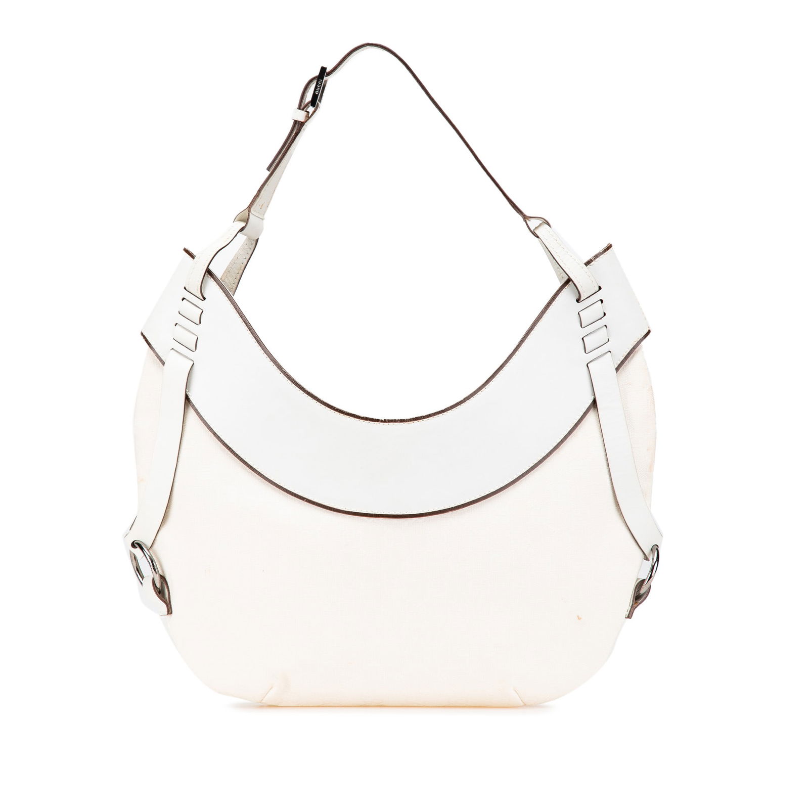 Gucci GG Canvas Hobo Handbag White Fabric Italy: Gucci GG Canvas Hobo Handbag White Fabric Italy This elegant Gucci GG Canvas Hobo handbag showcases a luxurious jacquard body complemented by leather trim. It features a flat leather strap for easy ca