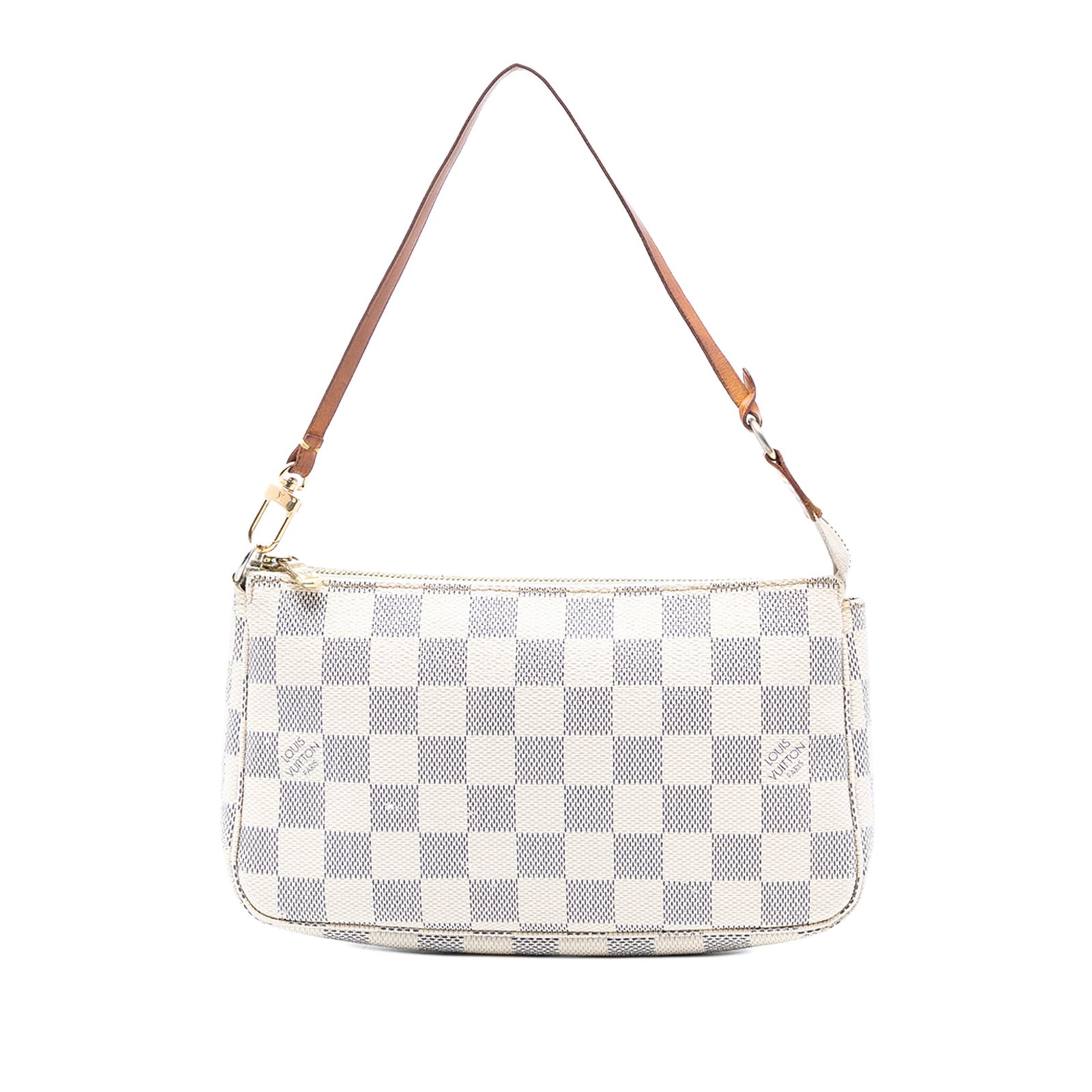 Louis Vuitton Damier Azur Canvas Pochette Handbag with Leather Strap: Louis Vuitton Damier Azur Canvas Pochette Handbag with Leather Strap This Louis Vuitton Damier Azur Pochette Accessoires features a damier azur canvas body, a flat vachetta leather strap, and a top zi