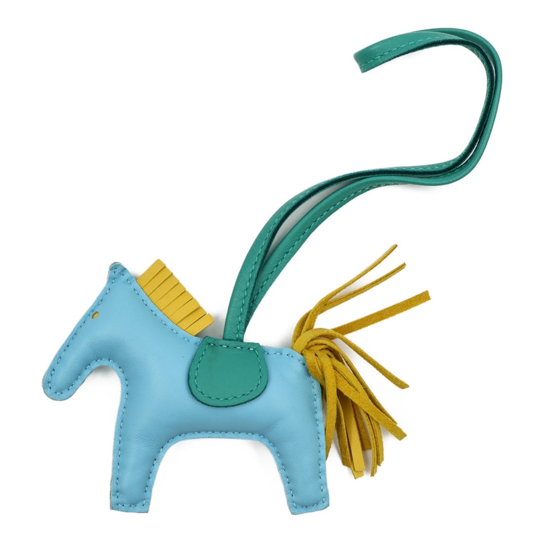 Blue Green Yellow Milo Lambskin Rodeo PM Charm by Hermes: Blue Green Yellow Milo Lambskin Rodeo PM Charm by Hermes This Hermes Rodeo PM charm is crafted from Milo lambskin leather in a blue color with green and yellow accents. Made in France, it features a p