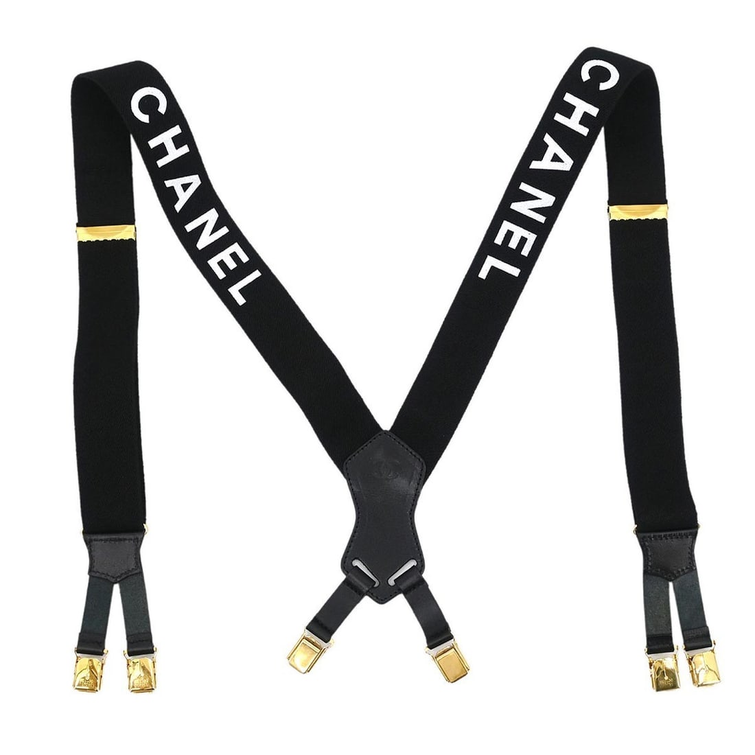 Chanel Black and White Logo Suspenders with Gold Accents: Chanel Black and White Logo Suspenders with Gold Accents These pre-owned Chanel logo suspenders feature a classic black, white, and gold design. They are in very good condition with minor scuffs and n