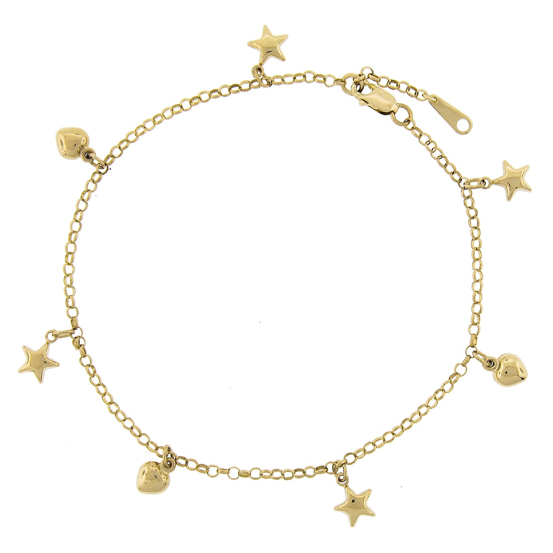 14k Yellow Gold Adjustable Rolo Link Stars Hearts Anklet: 14k Yellow Gold Adjustable Rolo Link Stars Hearts Anklet This stunning anklet features beautifully crafted puffed stars and hearts, made from solid 14k yellow gold. With an adjustable length of 9.25 i