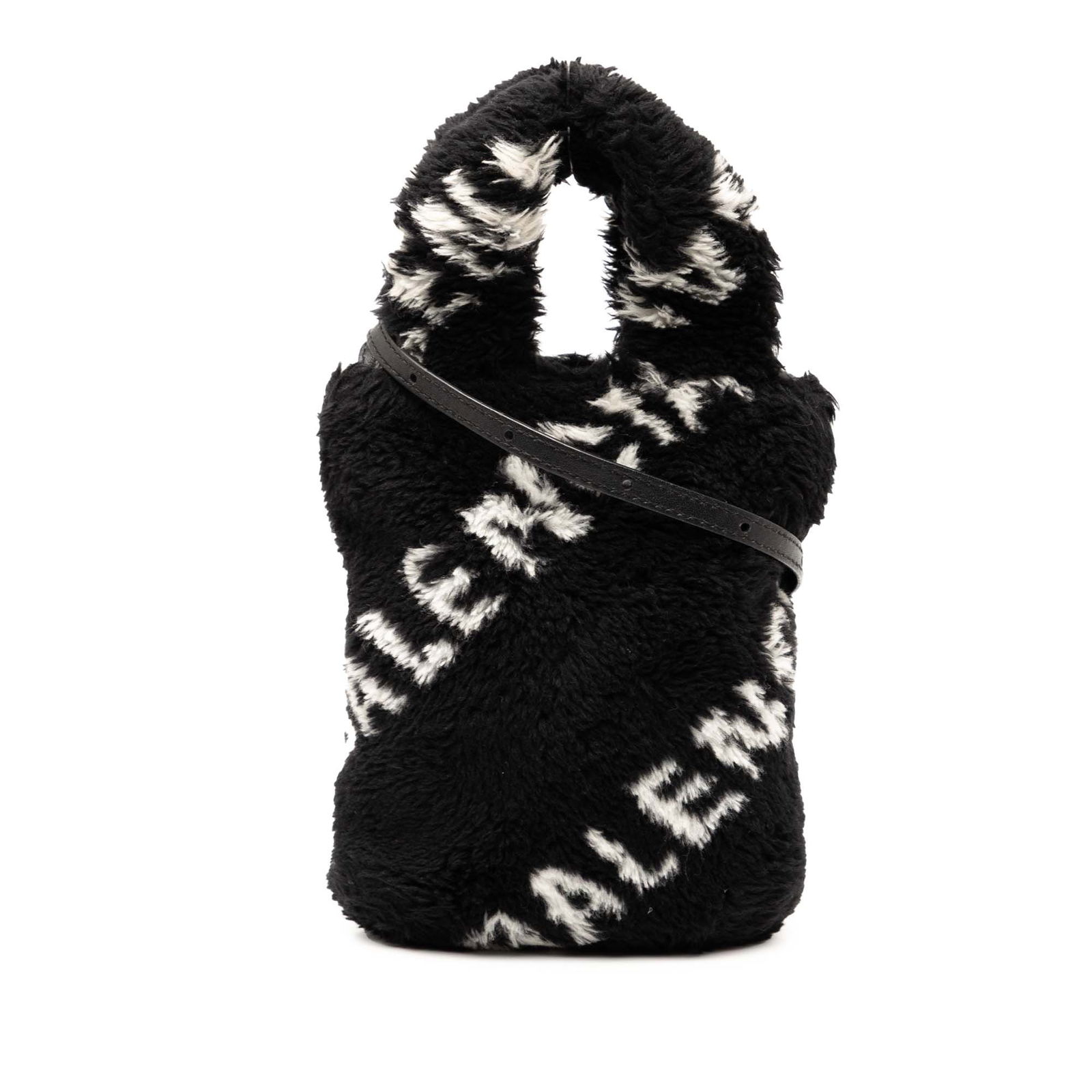 Balenciaga Faux Fur Logo Everyday Phone Holder in Black: Balenciaga Faux Fur Logo Everyday Phone Holder in Black Introducing the Balenciaga Faux Fur Logo Everyday Phone Holder, a chic and stylish accessory designed for the modern lifestyle. This elegant sat