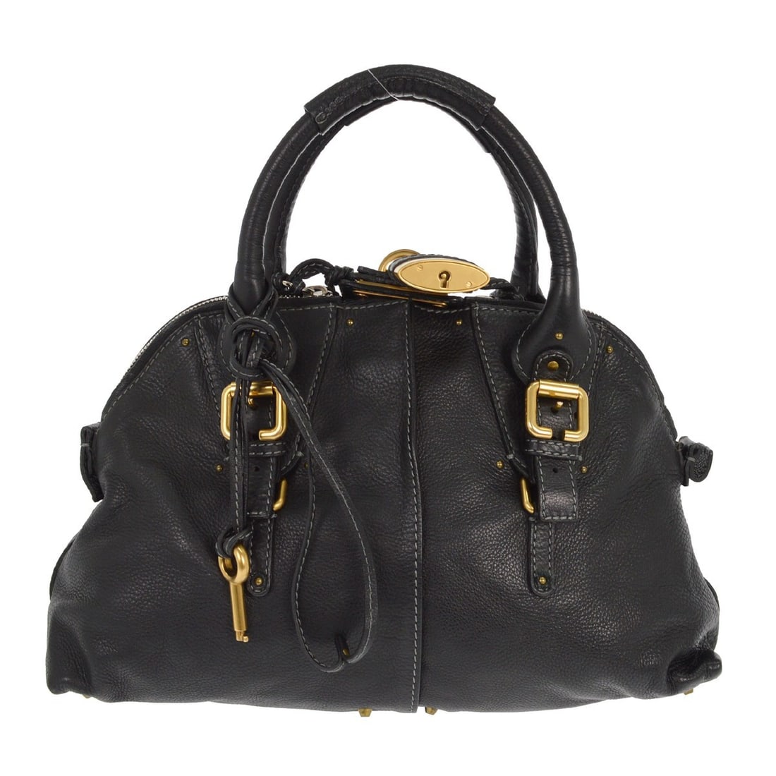 Black Leather Paddington Top Handle Bag by Chloe with Gold Hardware: Black Leather Paddington Top Handle Bag by Chloe with Gold Hardware This Chloe Paddington top handle bag is crafted from black leather and features gold-tone hardware. Designed for casual use, it offe