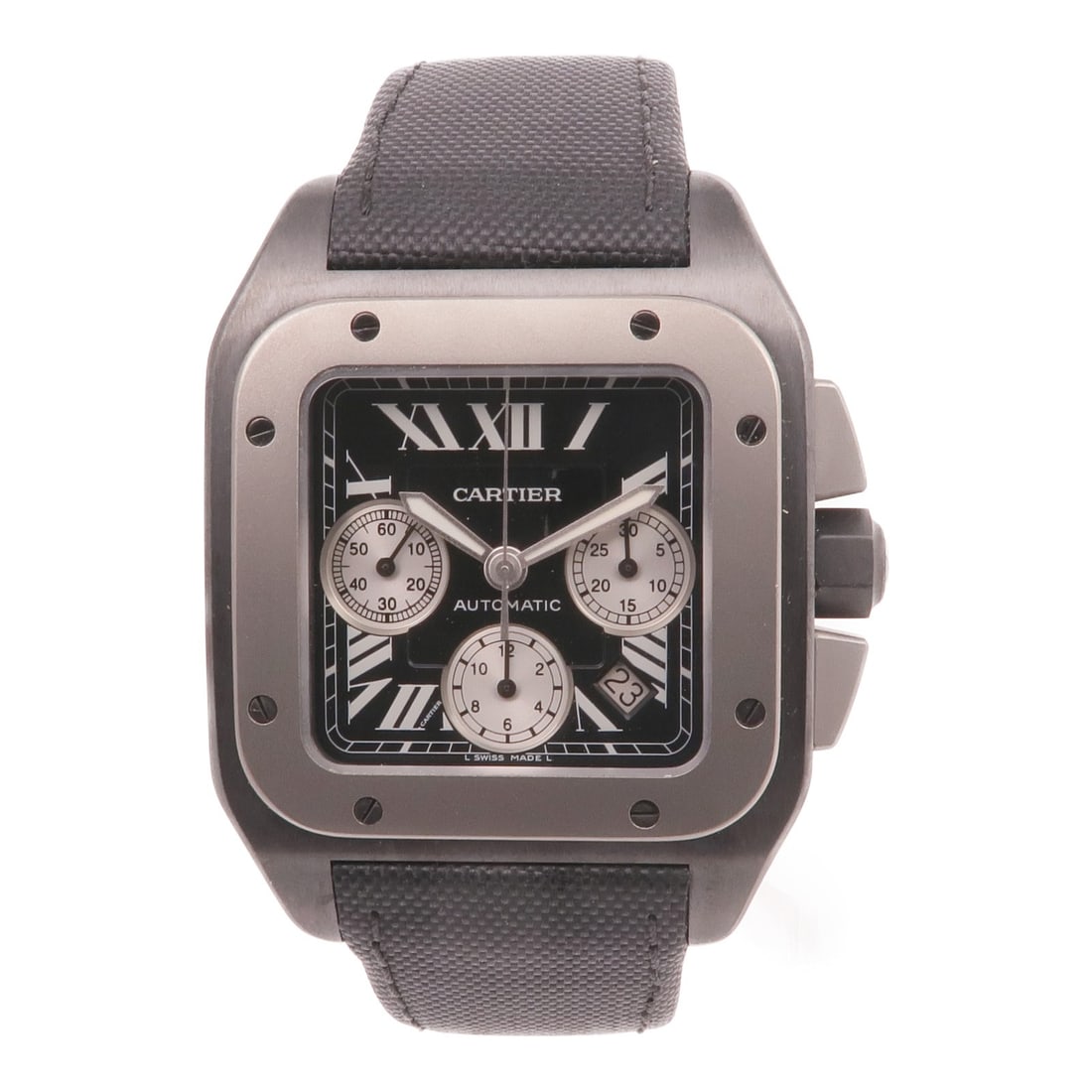 Santos 100 W2020005 Automatic Wristwatch in Steel and Titanium Black Dial: Santos 100 W2020005 Automatic Wristwatch in Steel and Titanium Black Dial This is a CARTIER Santos 100 W2020005 automatic wristwatch crafted from stainless steel and titanium. It features a black dial
