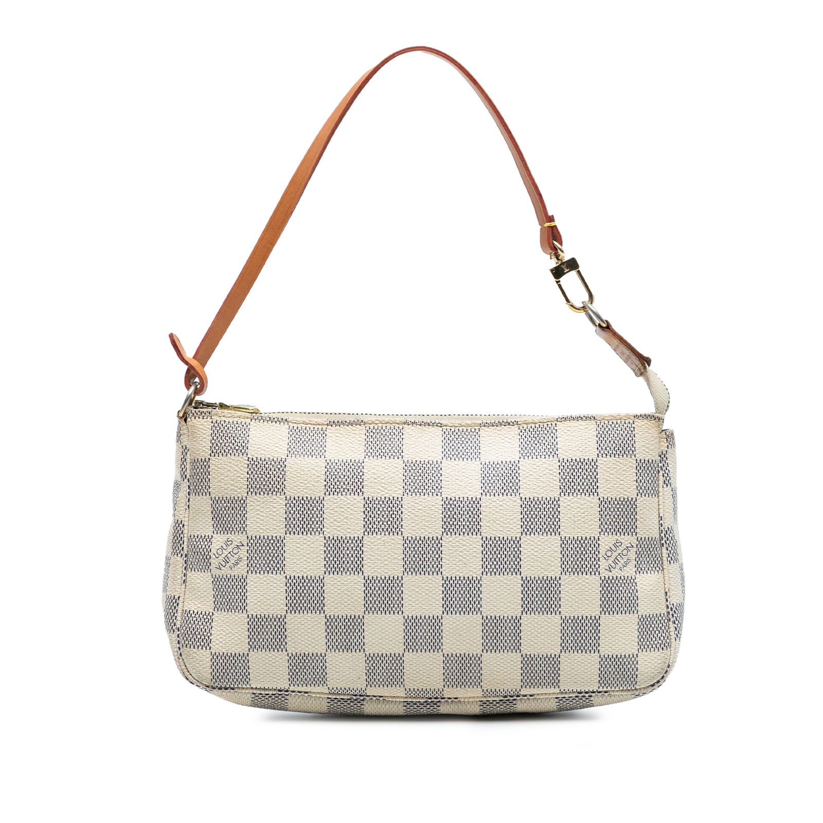 Louis Vuitton Damier Azur Pochette Accessoires Bag with Vachetta Strap: Louis Vuitton Damier Azur Pochette Accessoires Bag with Vachetta Strap The Louis Vuitton Damier Azur Pochette Accessoires showcases a chic damier azur canvas design, complemented by a flat vachetta le