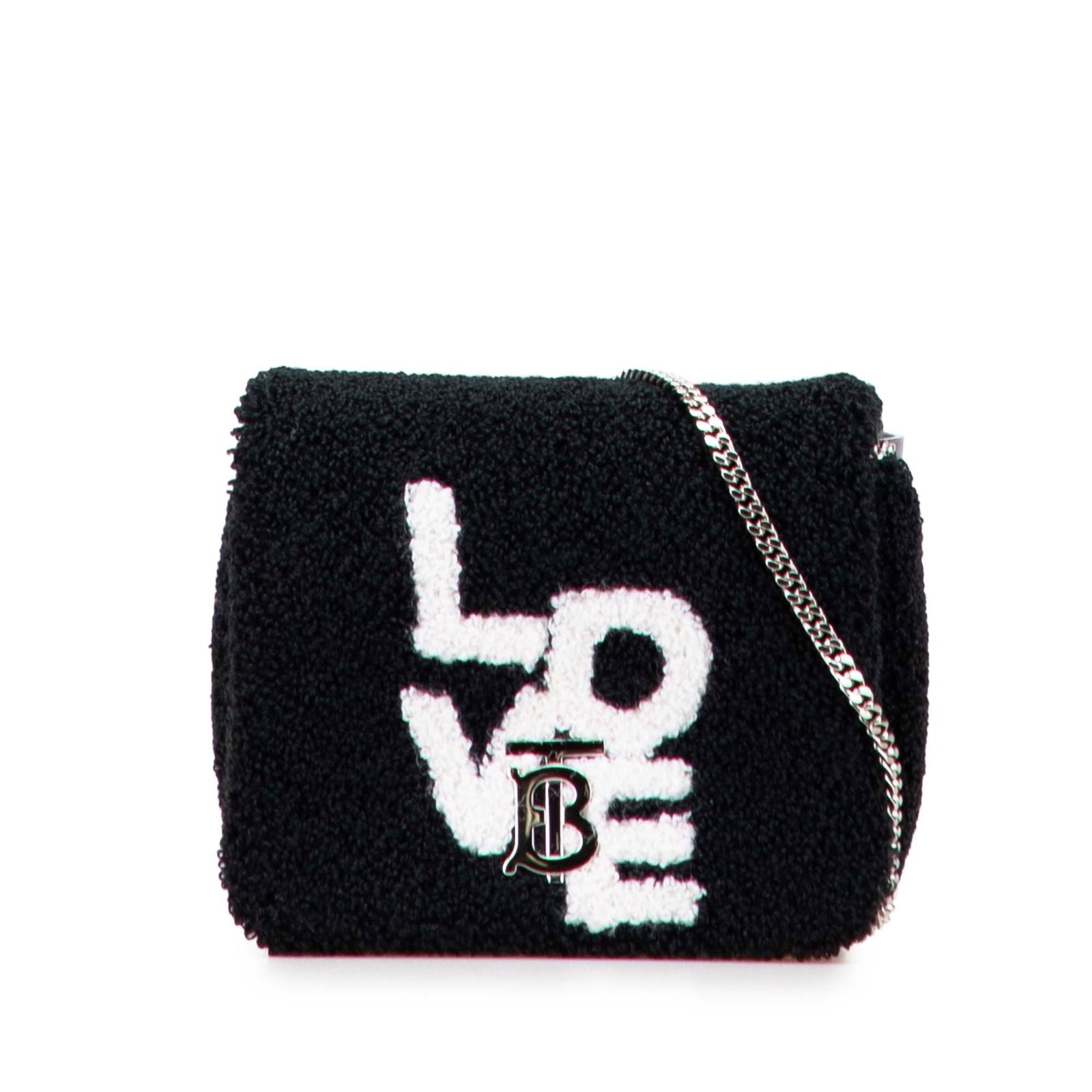 Burberry Mini Terry Cloth Lola Love Crossbody Black Bag: Burberry Mini Terry Cloth Lola Love Crossbody Black Bag Introducing the Burberry Mini Terry Cloth Lola Love Crossbody bag, an elegant accessory crafted from soft cotton fabric. This stylish bag featur