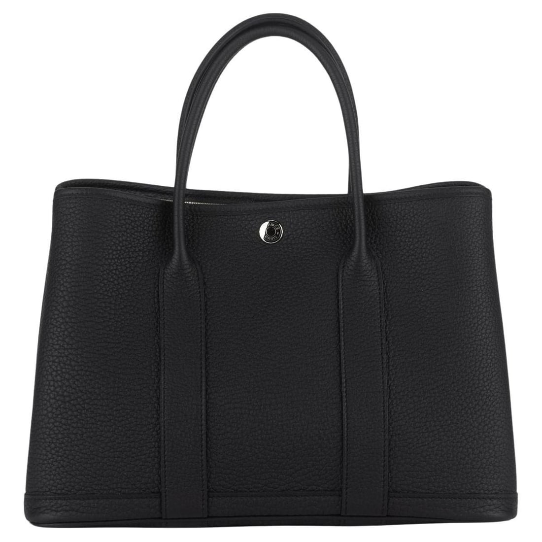 Hermes Garden Party PM Black Negonda Leather Bag with Palladium Hardware: Hermes Garden Party PM Black Negonda Leather Bag with Palladium Hardware Introducing the Hermes Garden Party PM in elegant black negonda leather, a quintessential accessory for any stylish individual.
