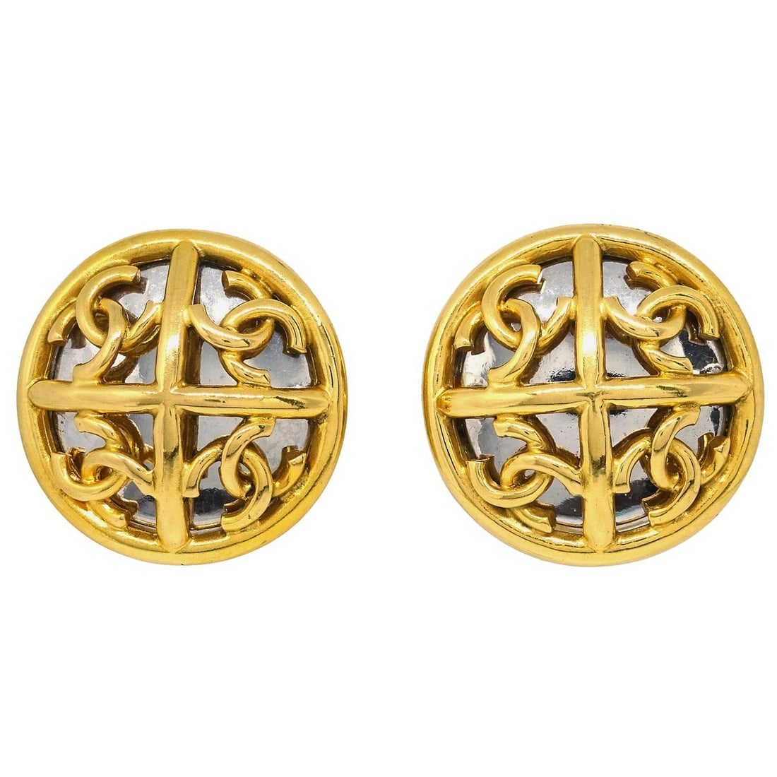 Gold Tone CC Logo Round Earrings by Chanel: Gold Tone CC Logo Round Earrings by Chanel These pre-owned Chanel CC round earrings feature a gold-tone finish and are designed for women. They are in excellent condition with minimal signs of use and
