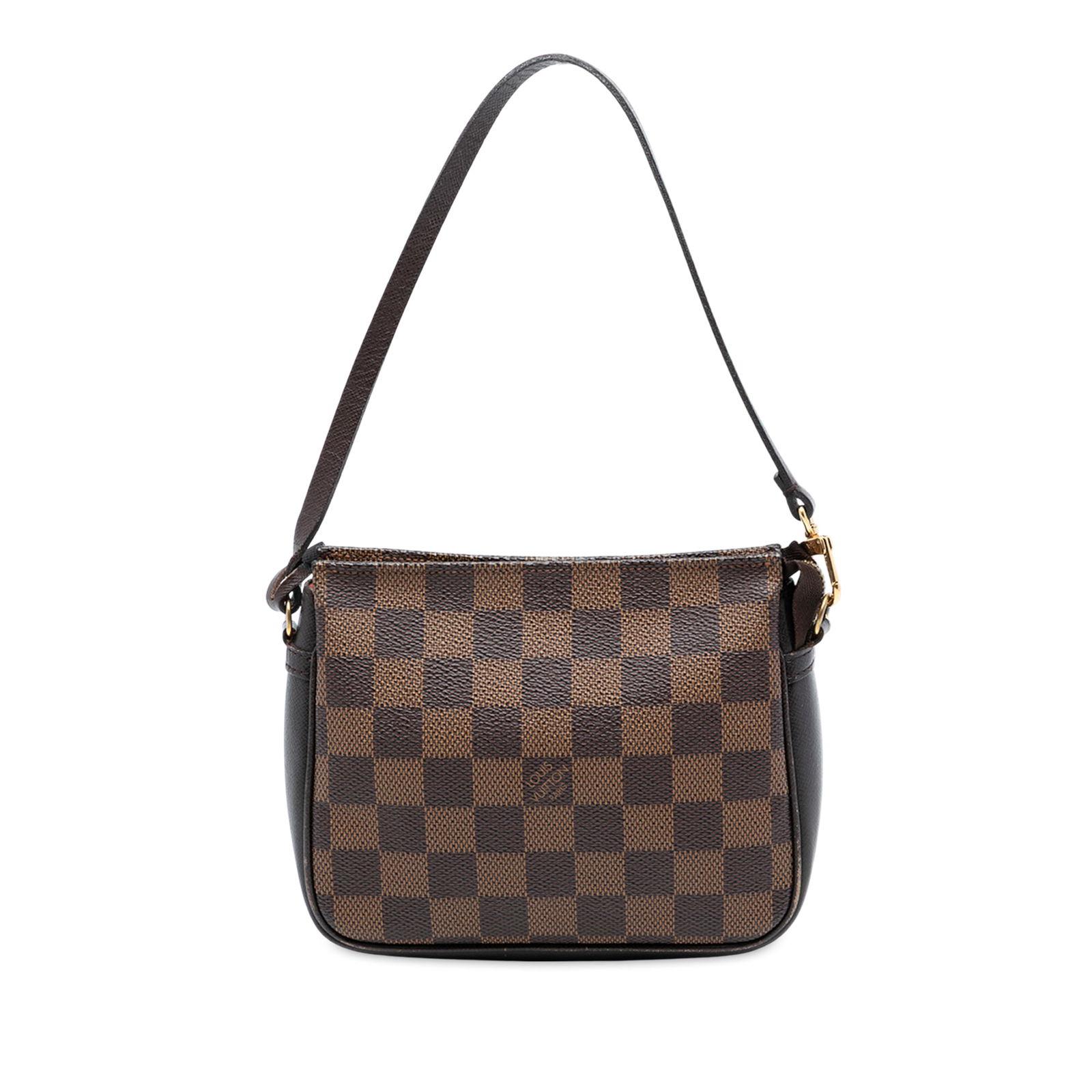 Damier Ebene Canvas Pouch with Leather Trim by Louis Vuitton: Damier Ebene Canvas Pouch with Leather Trim by Louis Vuitton This Louis Vuitton Damier Ebene Trousse Pochette features the iconic damier canvas body complemented by leather trim, a flat leather strap,