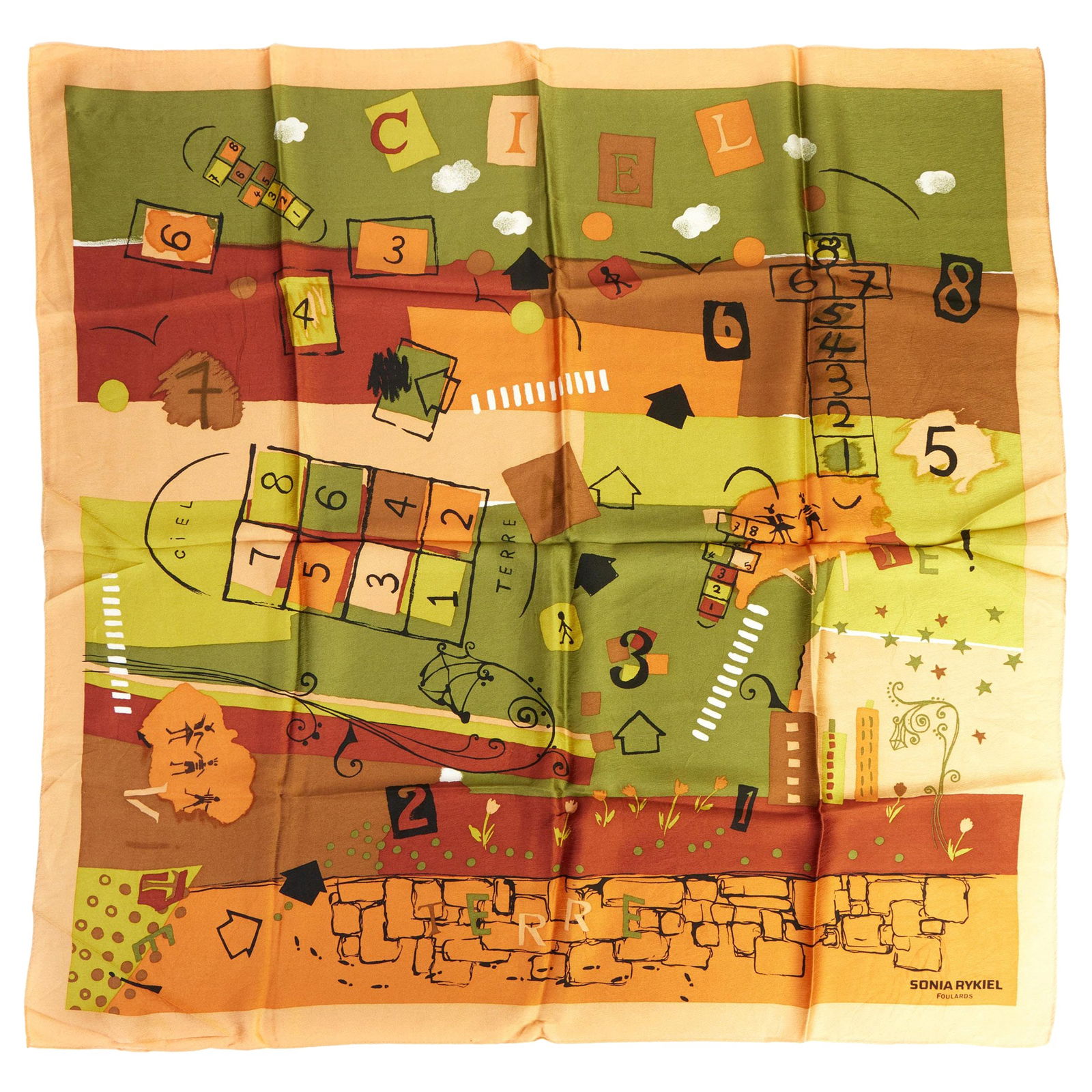 Sonia Rykiel Silk Scarf 35 in Games Design Orange Green France: Sonia Rykiel Silk Scarf 35 in Games Design Orange Green France Elevate your accessory collection with this stunning Sonia Rykiel silk scarf. Featuring a playful games design, this vibrant piece showca