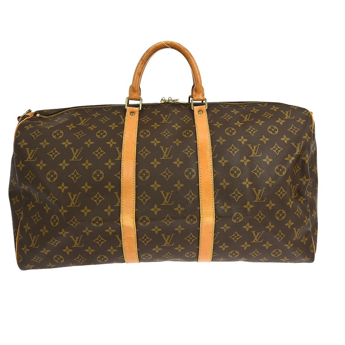 Keepall Bandouliere 55 Travel Bag Brown by Louis Vuitton: Keepall Bandouliere 55 Travel Bag Brown by Louis Vuitton This pre-owned Louis Vuitton Keepall Bandouliere 55 travel bag features a brown exterior and is designed for female users. The bag shows visibl