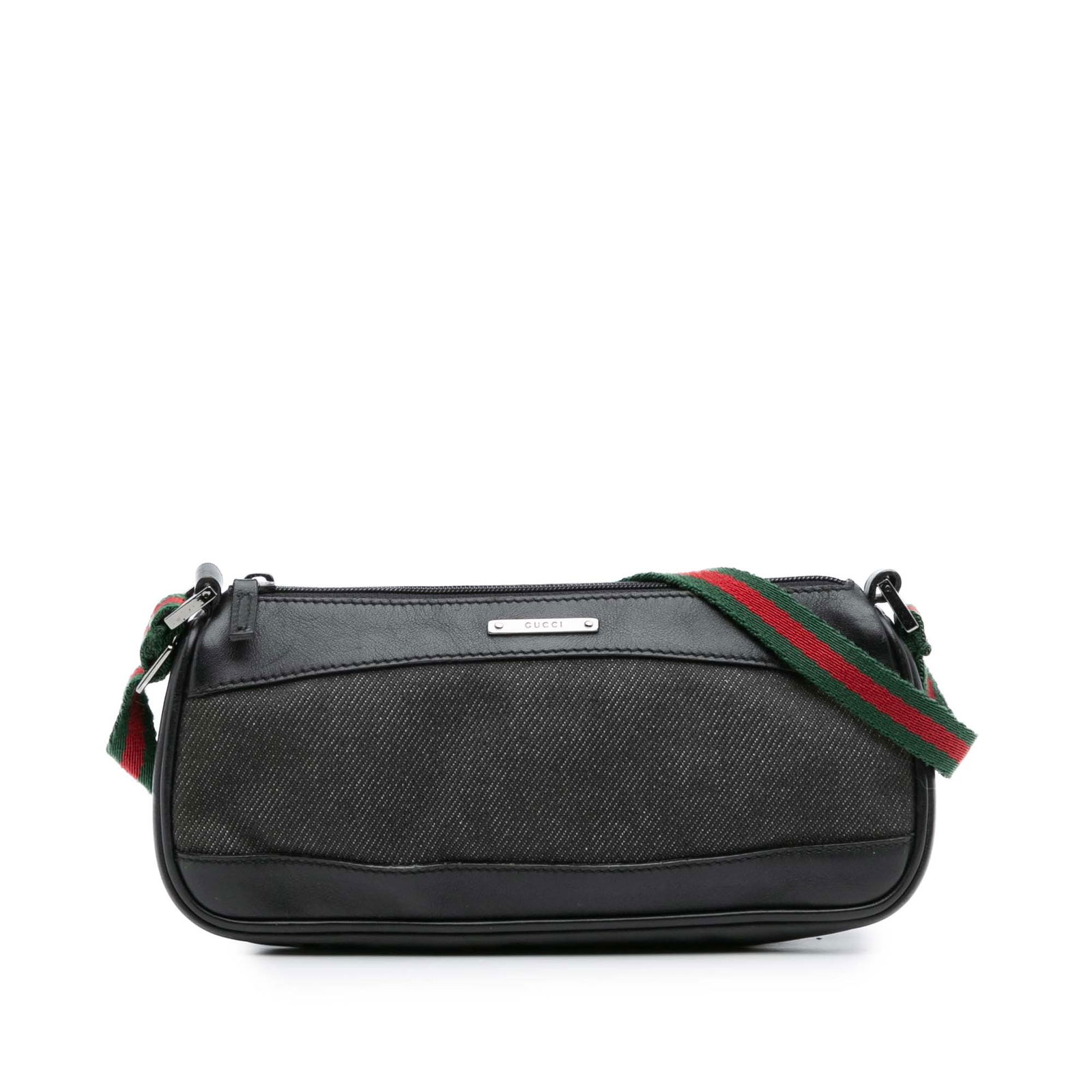Gucci Denim Web Shoulder Bag Black Fabric Italy: Gucci Denim Web Shoulder Bag Black Fabric Italy This stylish Gucci Denim Web Shoulder Bag showcases a chic denim body complemented by luxurious leather trim. It features an adjustable flat canvas stra