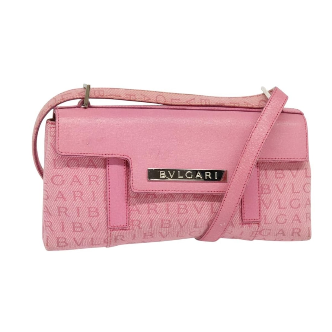 BVLGARI Silver Pink Canvas Shoulder Bag Made in Italy: BVLGARI Silver Pink Canvas Shoulder Bag Made in Italy Introducing a stylish BVLGARI shoulder bag, expertly crafted in Italy from durable canvas material. This eye-catching bag features a striking silv