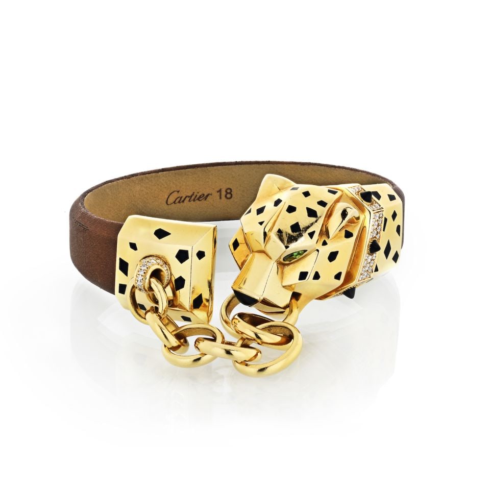 Cartier 18K Yellow Gold Panthere Bracelet with Diamonds and Silk: Cartier 18K Yellow Gold Panthere Bracelet with Diamonds and Silk This exquisite Cartier bracelet features an 18K yellow gold panther head clasp, elegantly connecting a luxurious brown silk band with g