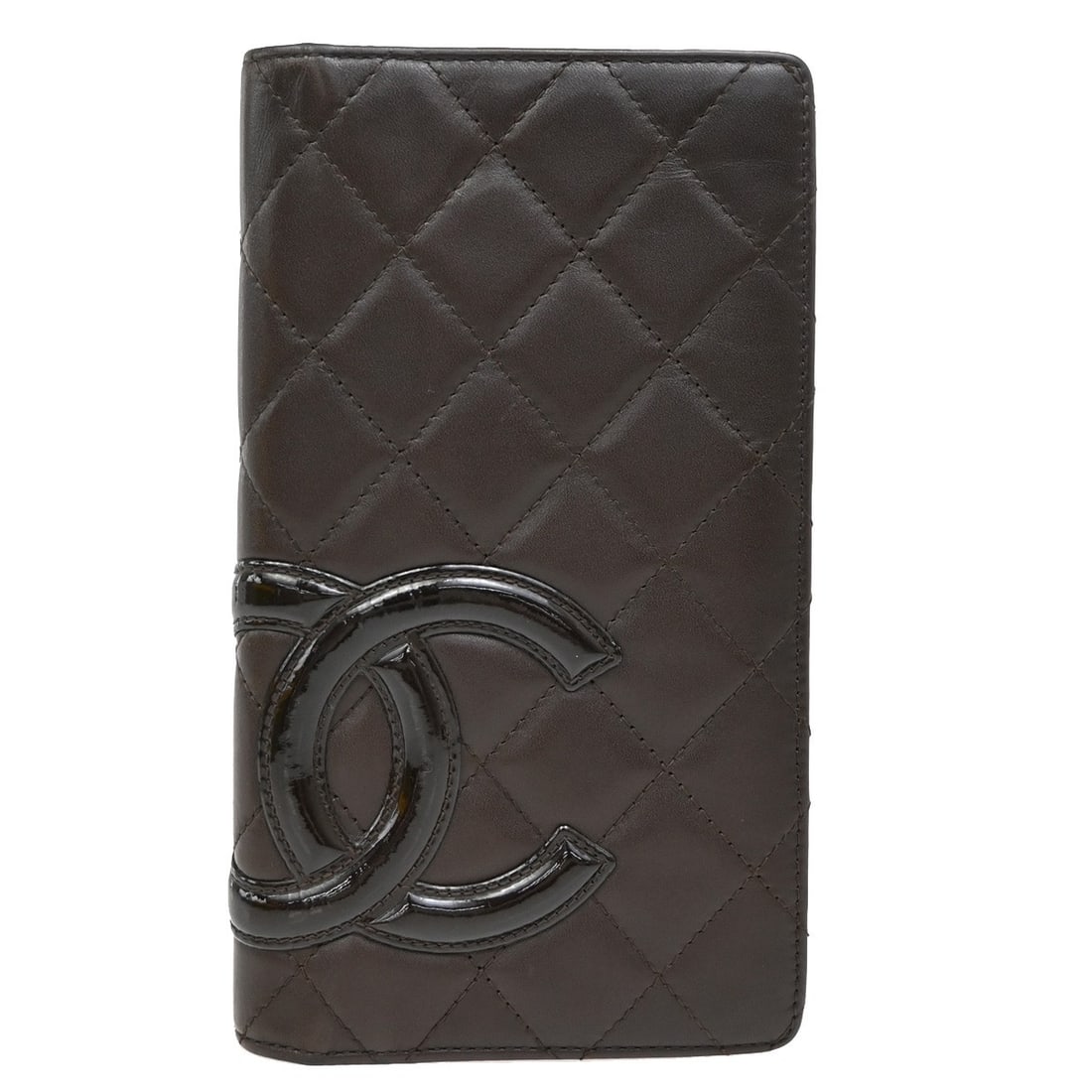 Brown Cambon Collection Zip Wallet by Chanel: Brown Cambon Collection Zip Wallet by Chanel This Chanel Cambon zip-around wallet features a brown patent leather exterior with visible scuffs, dirt, stains, scratches, wrinkles, and minor peeling. Th