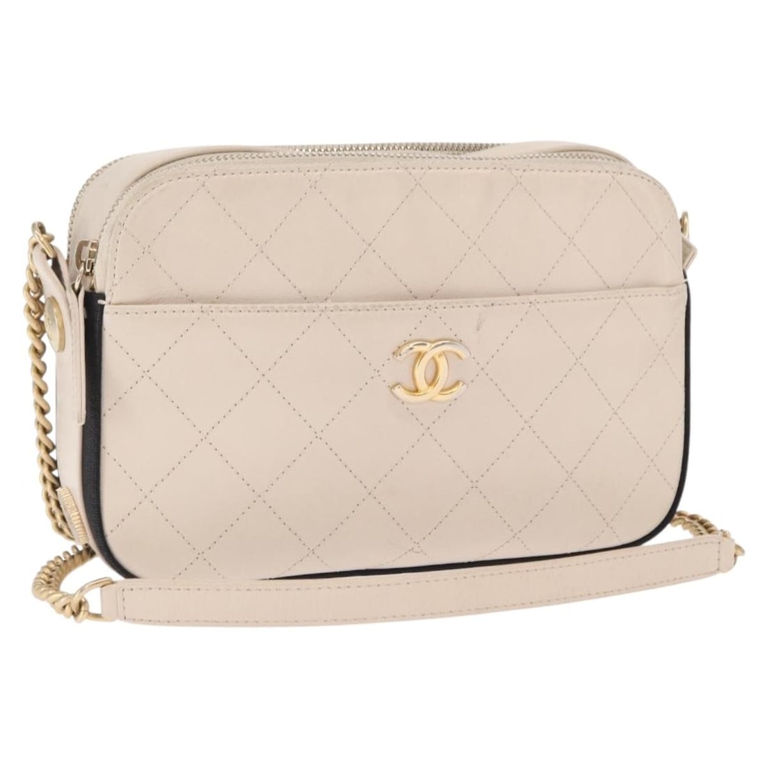 Chanel Bicolore Beige Gold Leather Chain Shoulder Bag with Dust Bag: Chanel Bicolore Beige Gold Leather Chain Shoulder Bag with Dust Bag This CHANEL Bicolore chain shoulder bag features beige and gold leather with the iconic CC logo design. Crafted in Italy, it offers