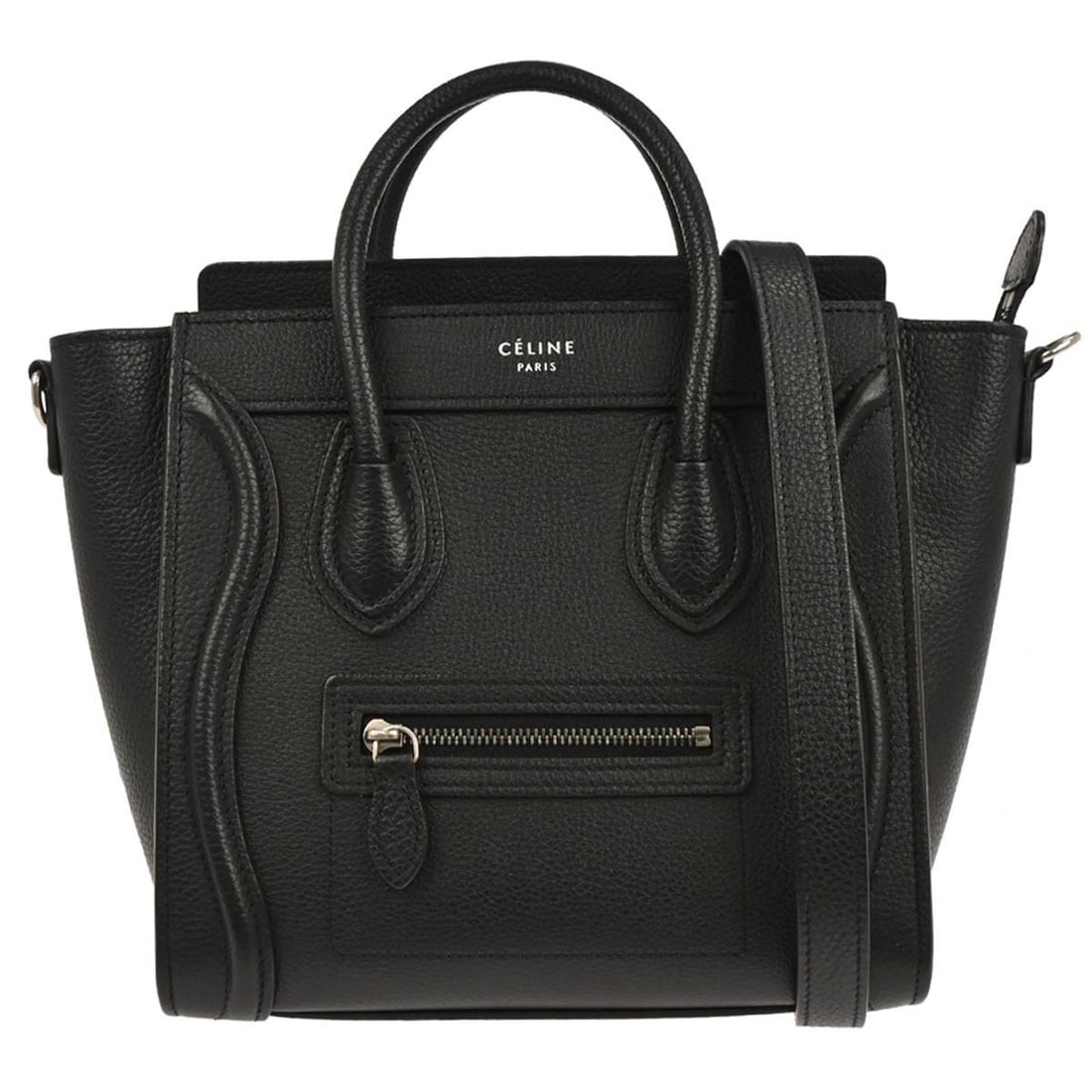 Celine Nano Luggage Tote Black Calf Leather Mini Top Handle Bag: Celine Nano Luggage Tote Black Calf Leather Mini Top Handle Bag This Celine Nano Luggage Tote Bag is crafted from black leather and features double handles with a top zipper closure. Designed in a min